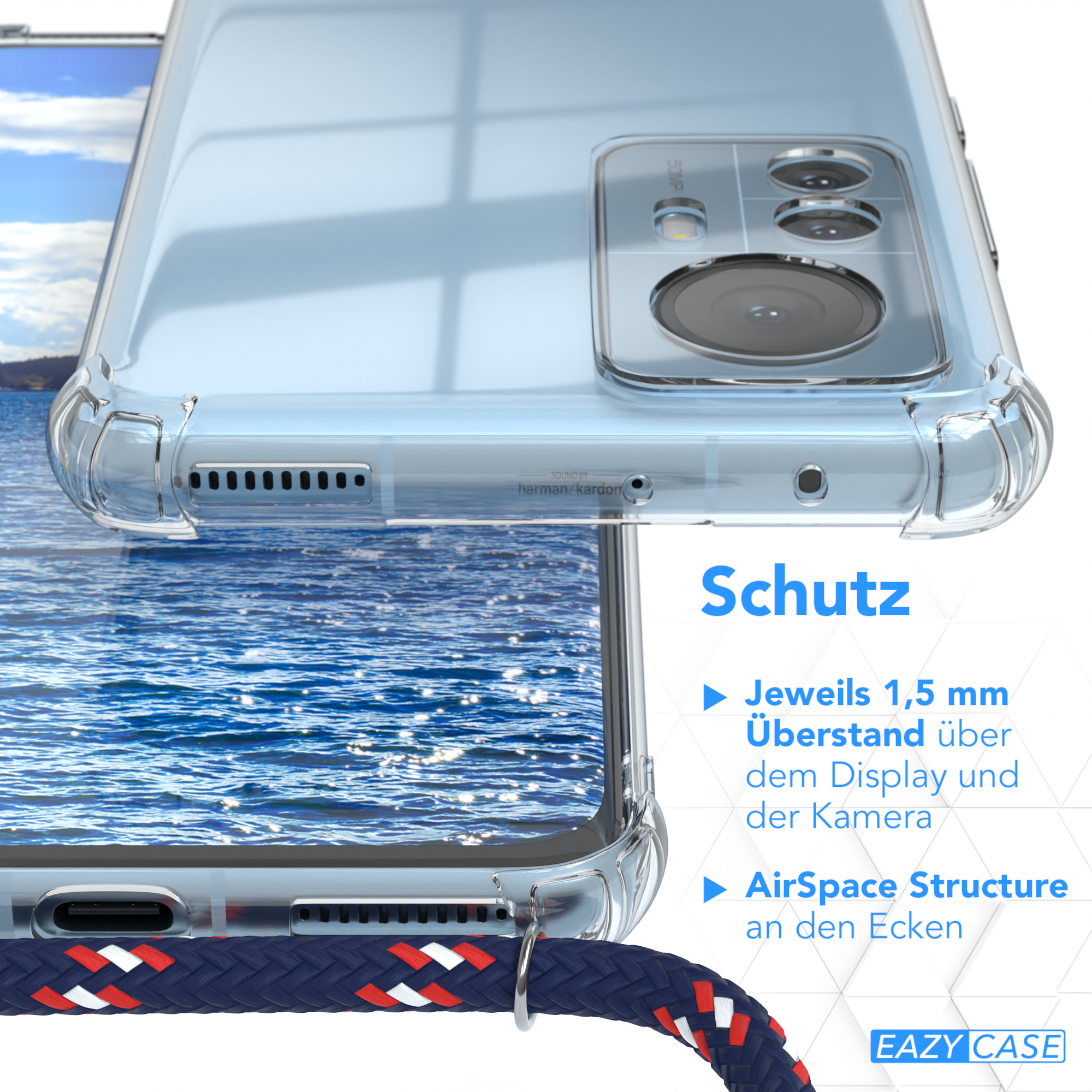 EAZY CASE Clear Cover mit Pro, Xiaomi, Umhängeband, Blau 12 Camouflage Silber Clips / Umhängetasche