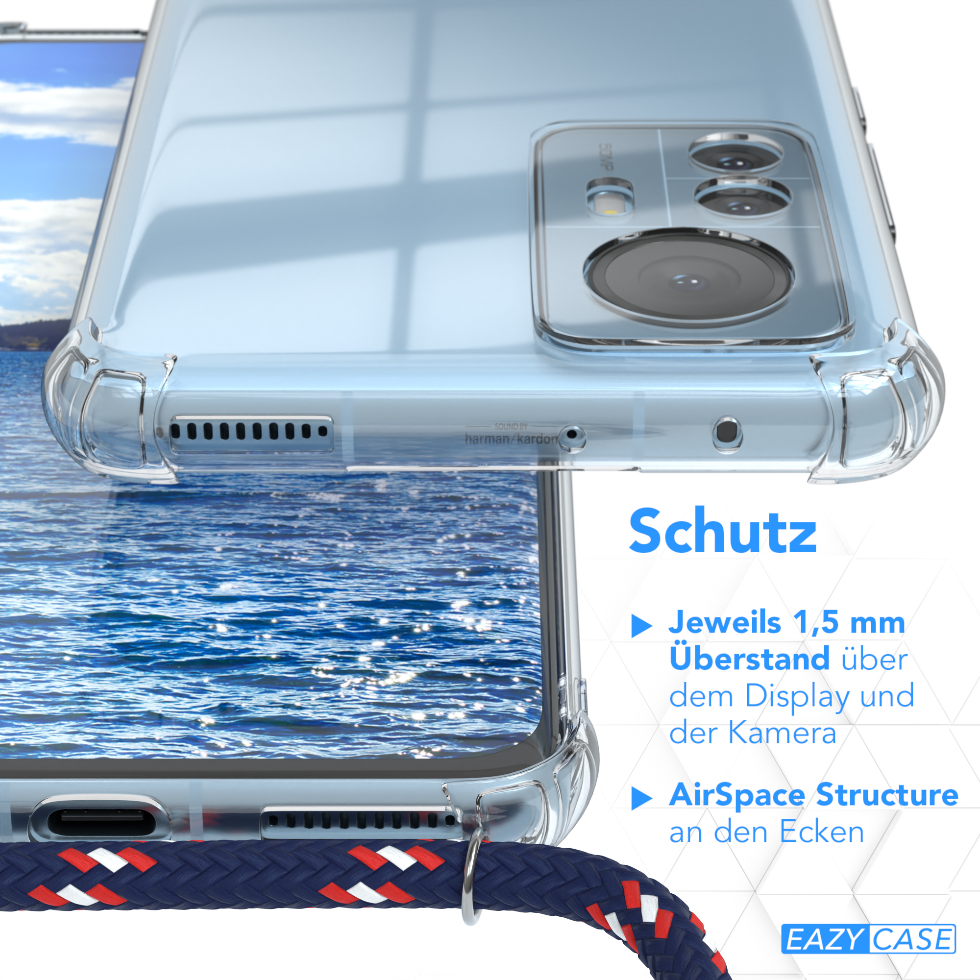 Nahaufnahme einer Handyhülle. Der Hintergrund zeigt einen Strand mit Wasser und Himmel.