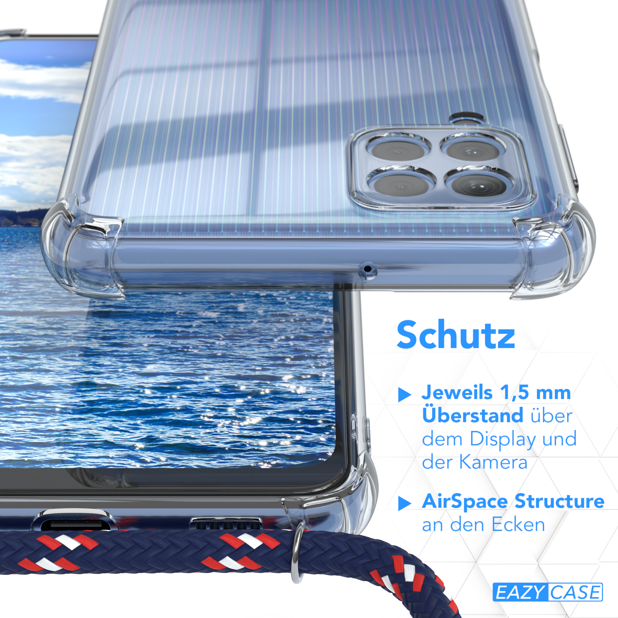 Nahaufnahme einer durchsichtigen Handyhülle mit geflochtener Schnur. Text und Grafiken auf dem Gehäuse.