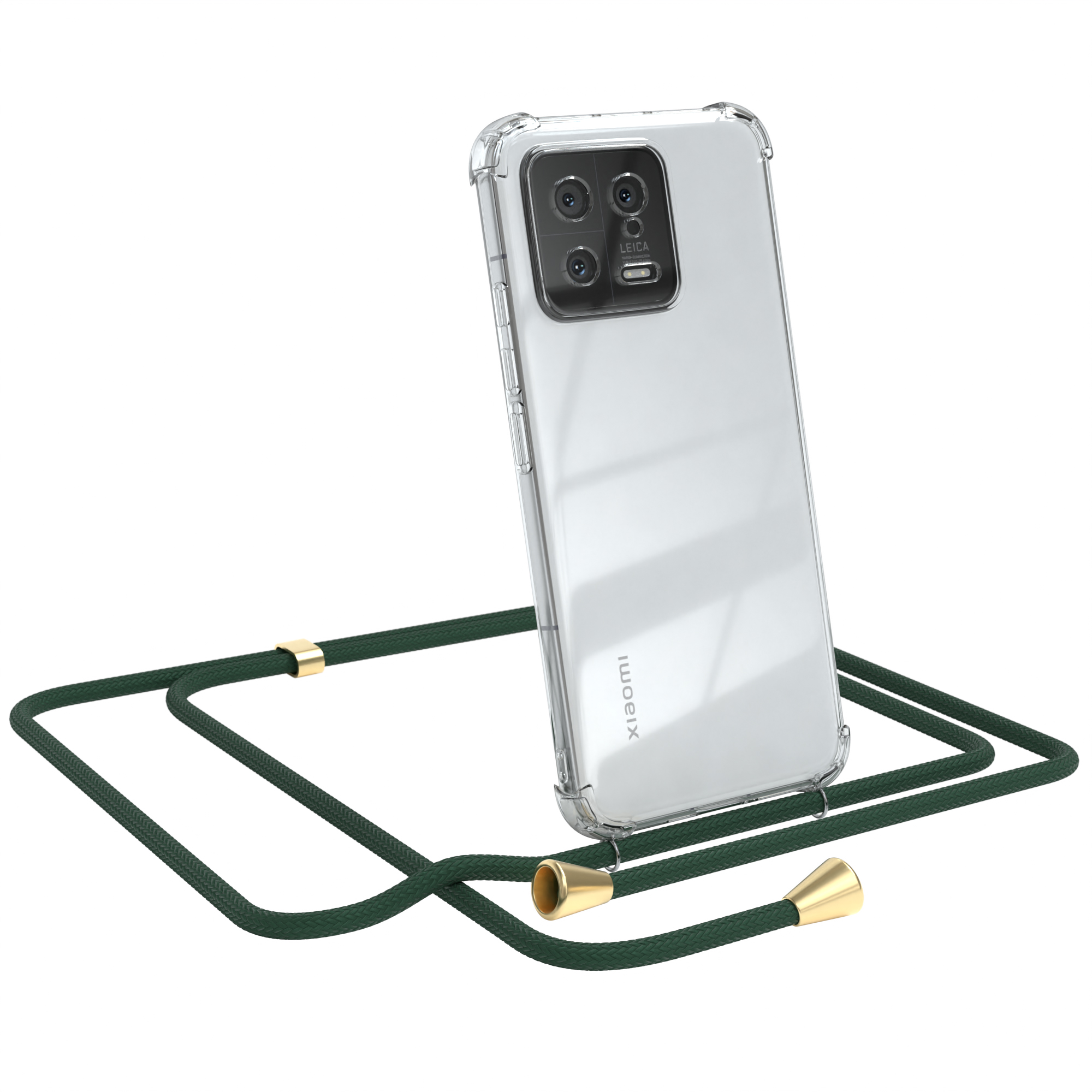 Weißes Telefon in einer durchsichtigen Hülle mit grünem Umhängeband. Weißer Hintergrund.