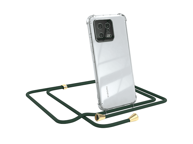 EAZY CASE Clear Cover mit Umhängeband, Umhängetasche, Xiaomi, 13, Grün / Clips Gold
