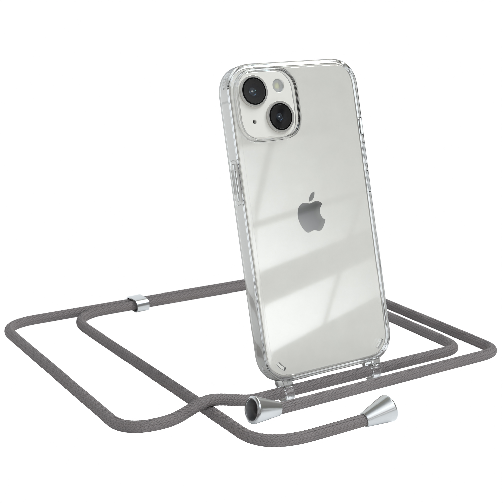Transparente Handyhülle mit grauem Kabel. Das Telefon lehnt. Weißer Hintergrund.