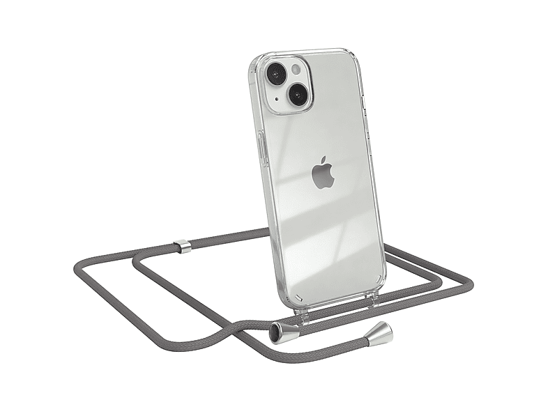 EAZY CASE Clear Cover mit Umhängeband, Umhängetasche, Apple, iPhone 14, Grau / Clips Silber