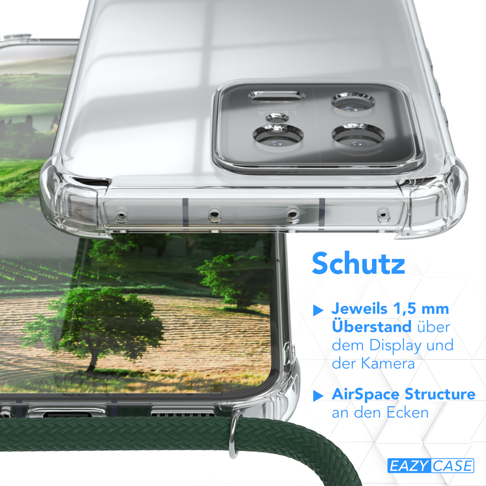 Transparente Handyhülle mit grünem Kabel. Detail der Handyhülle und Hintergrund mit sandiger Textur.