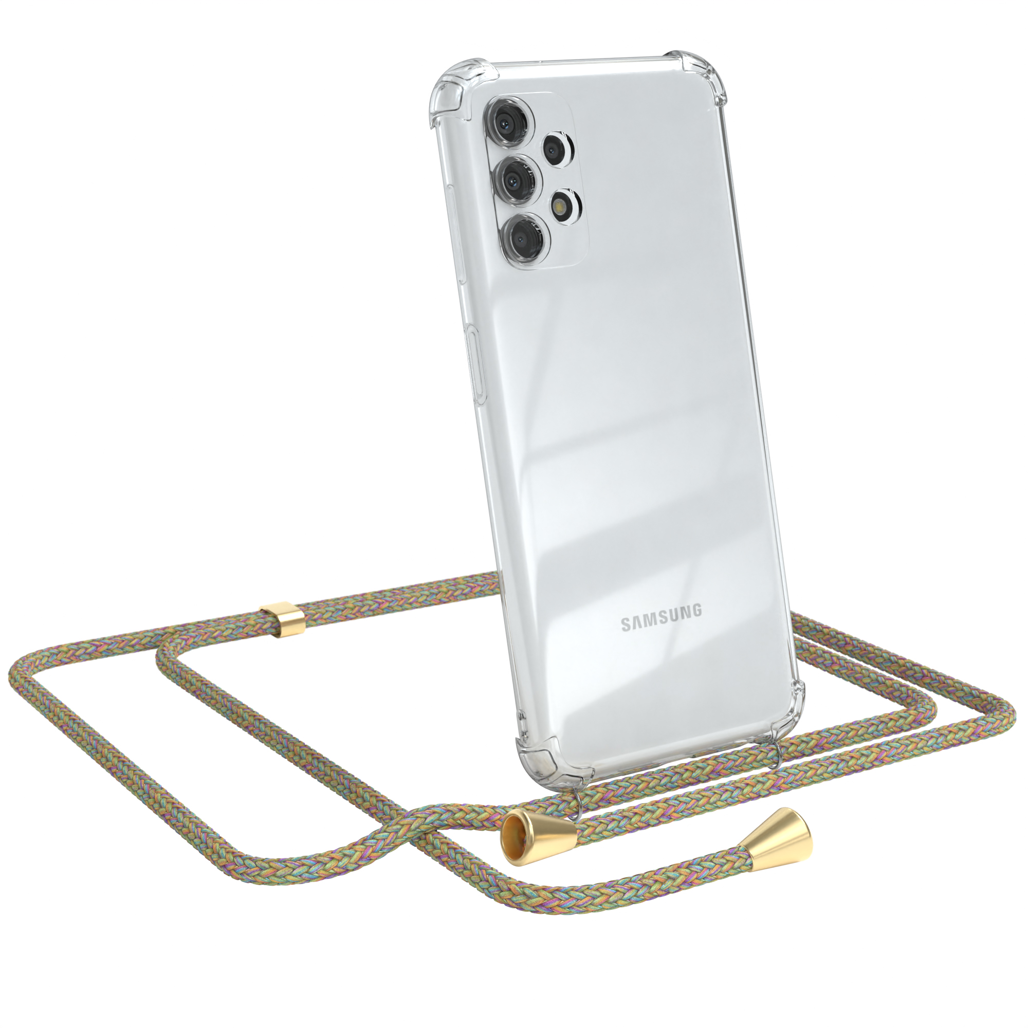 Telefon mit transparenter Hülle und mehrfarbigem Umhängeband. Telefon ist silber.