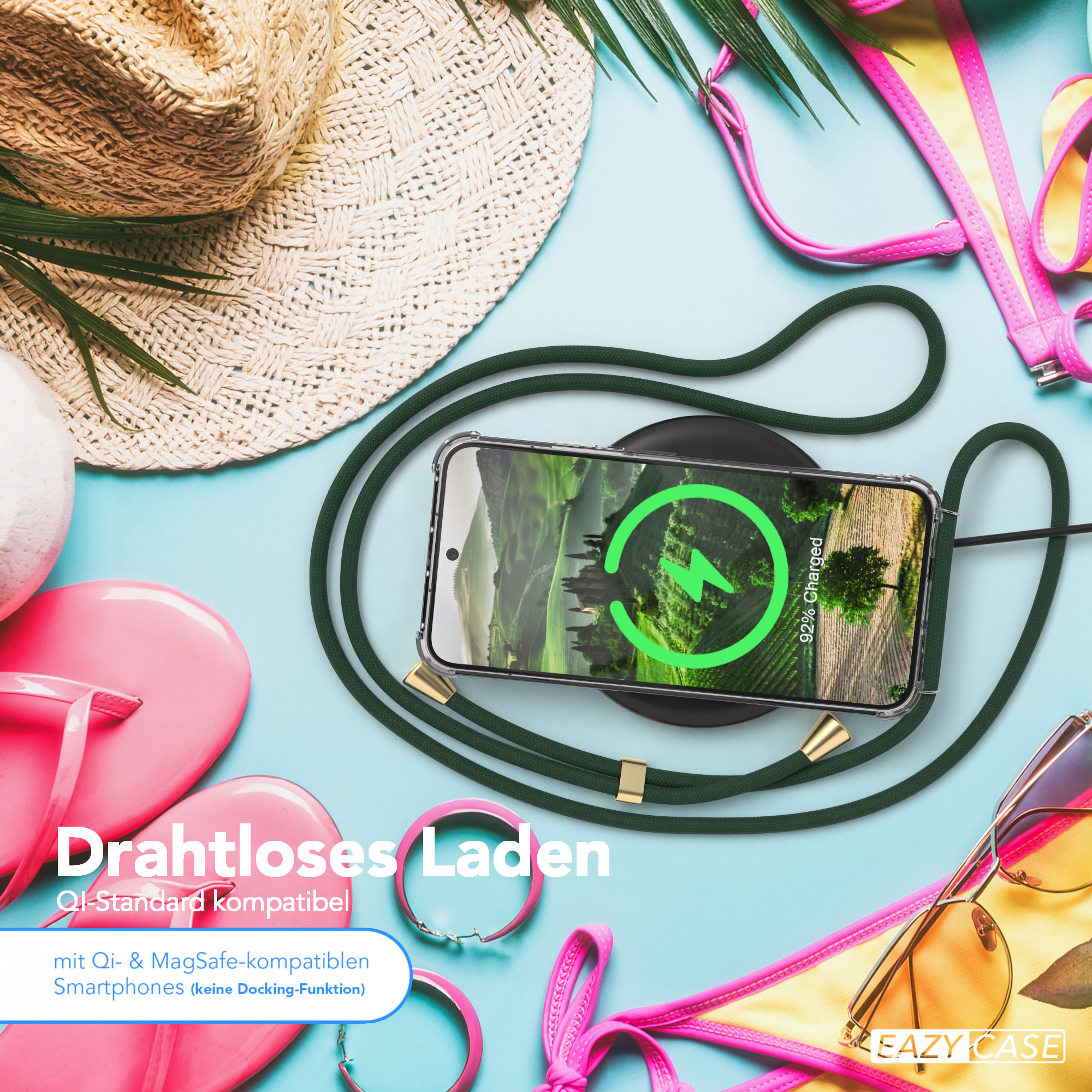 Telefon auf kabellosem Ladegerät, 92% geladen. Sonnenbrille, Bikini, Armbänder und Hut.