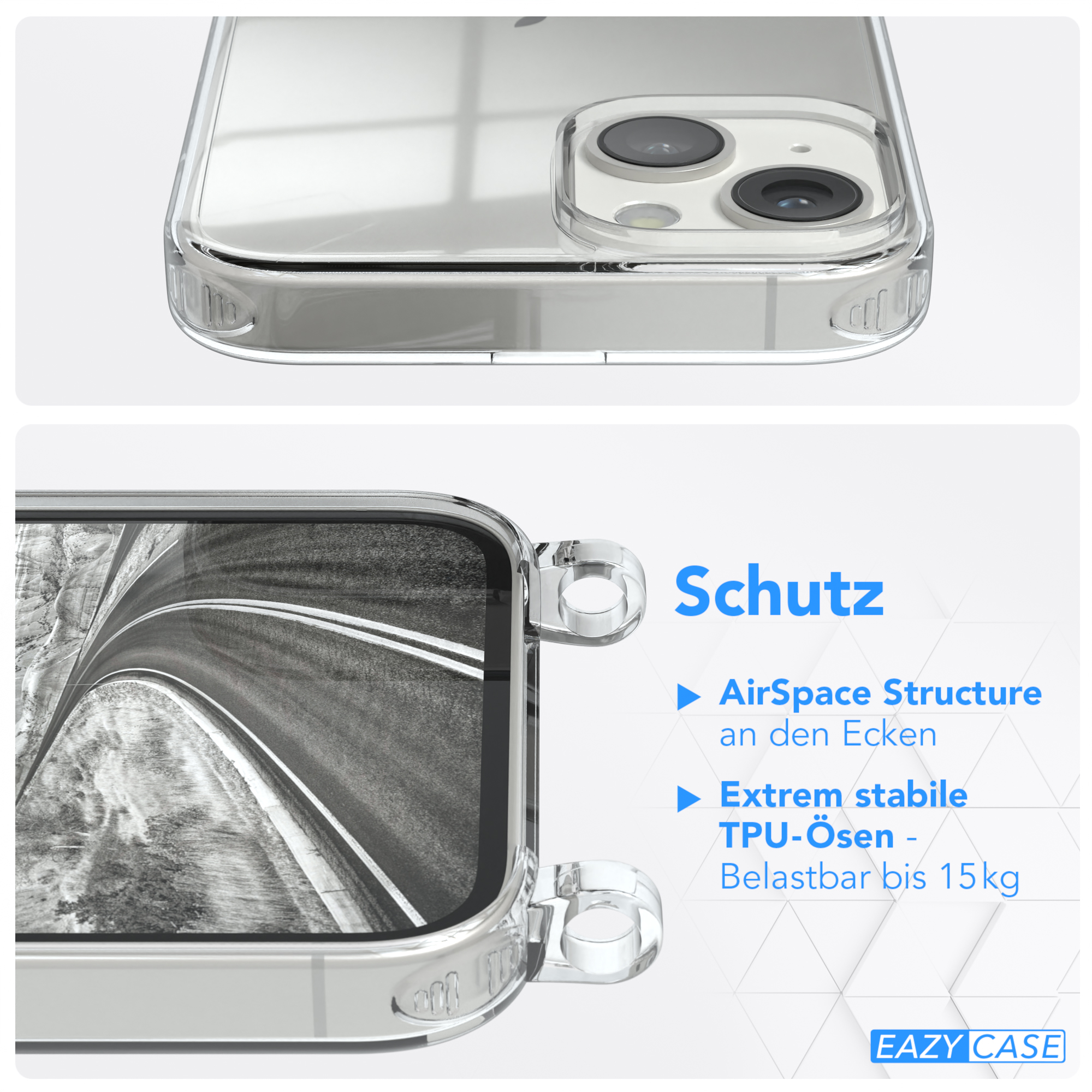 EAZY CASE Clear Cover Silber Umhängeband, Apple, Umhängetasche, Grau mit iPhone Clips / 14