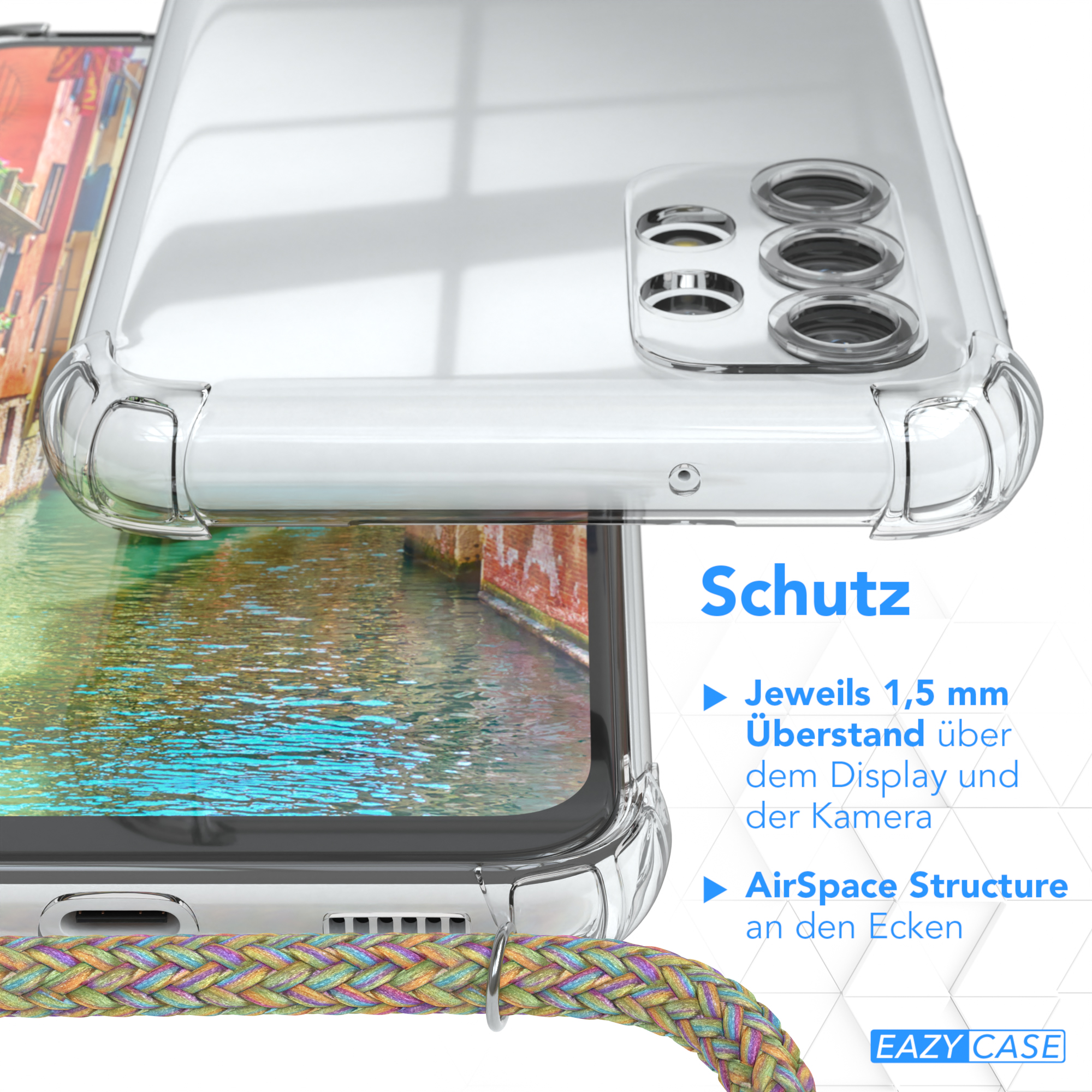 Eine transparente Handyhülle mit Schutzfunktionen, die ein verschwommenes Bild einer Brücke überlagert.