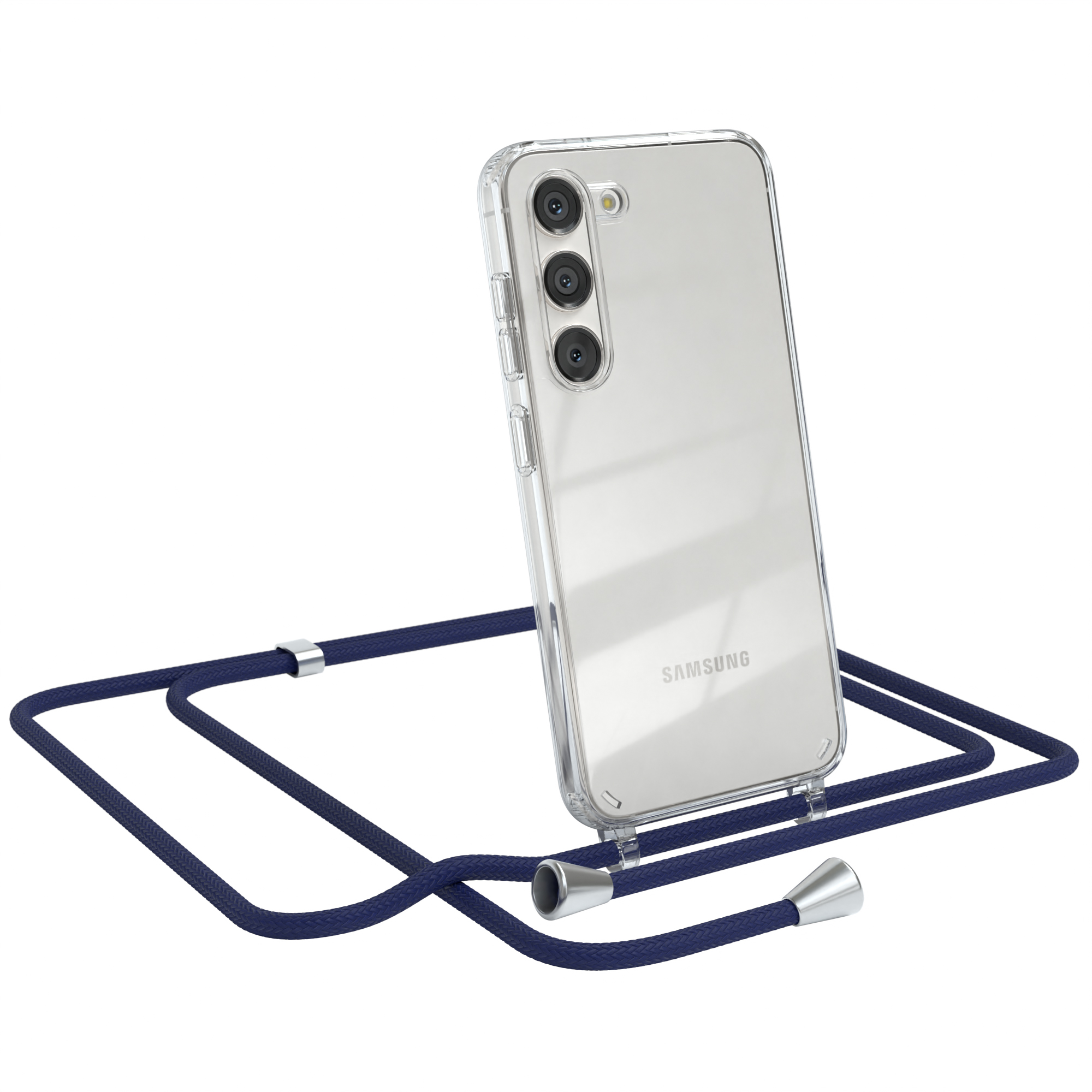 Transparente Handyhülle mit blauem Umhängeband und Handy mit drei Kameras.