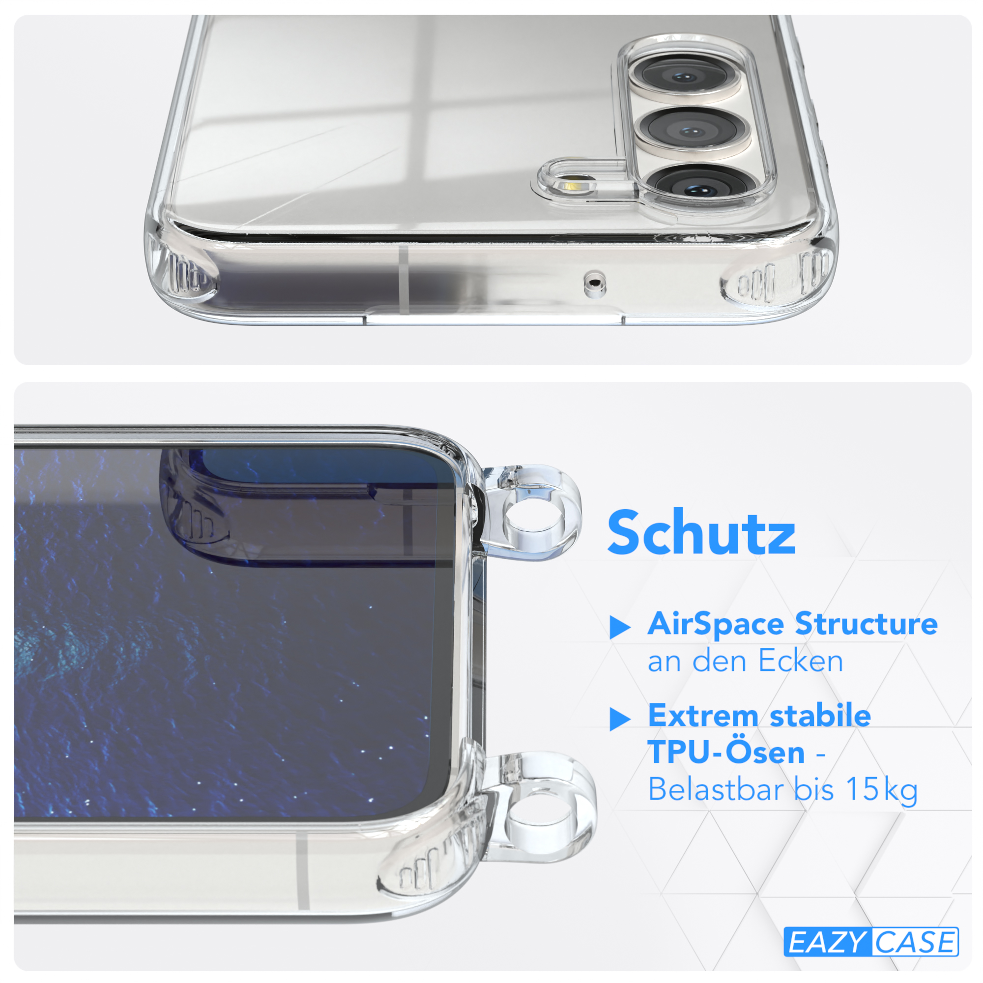 Transparente Handyhülle über einem Telefon. AirSpace-Struktur an der Ecke. Schwarzer Hintergrund.