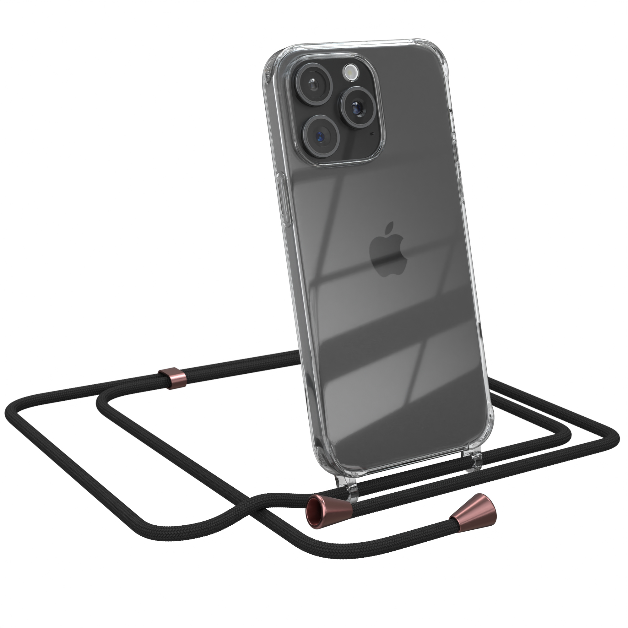 Transparente Handyhülle mit schwarzer Kordel. Das Telefon hat ein Apple-Logo.