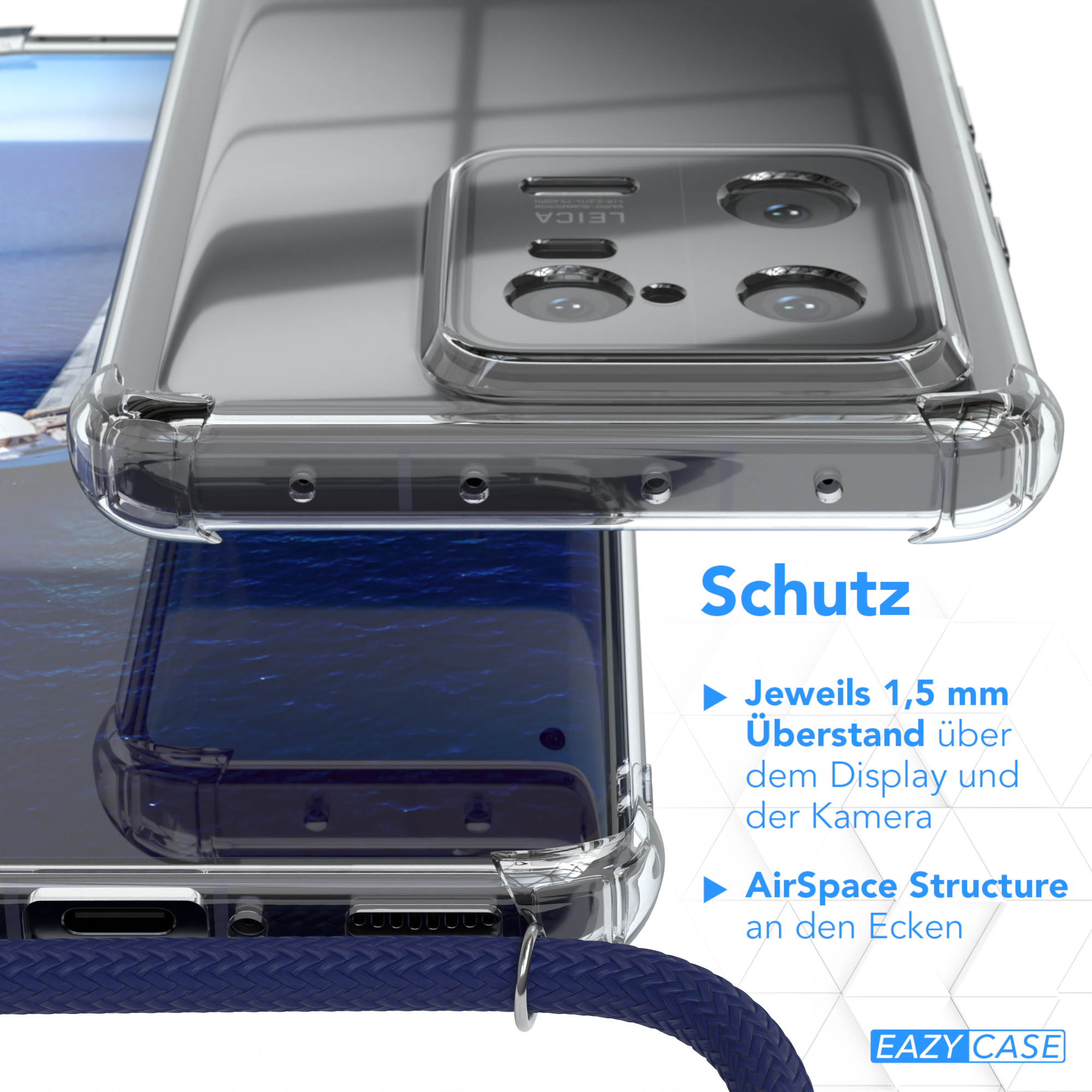 Nahaufnahme einer transparenten Handyhülle mit Lanyard. Text an der Seite lautet Schutz.