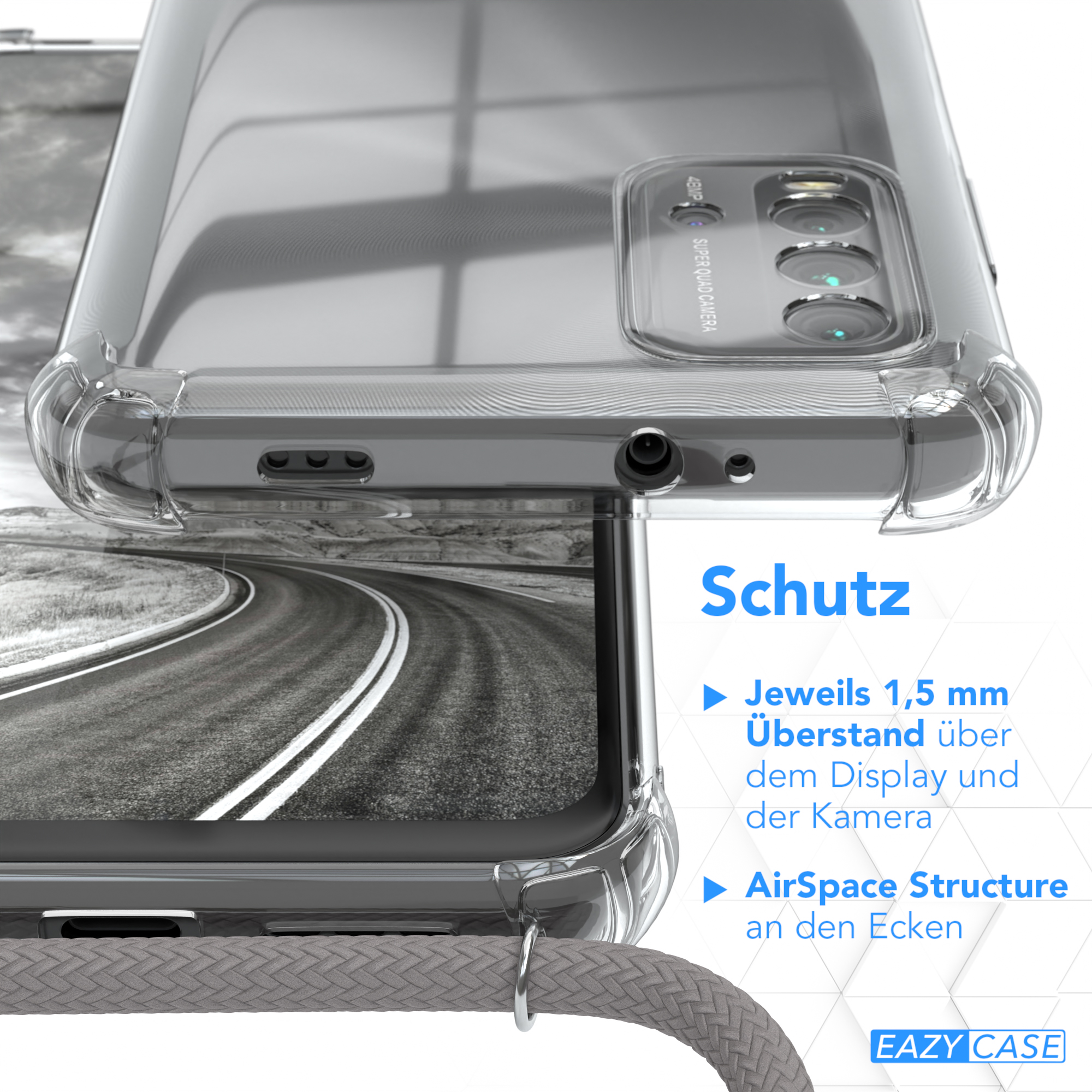 Telefon in einer transparenten Hülle, mit grauem Band und Text über Schutz und Funktionen.