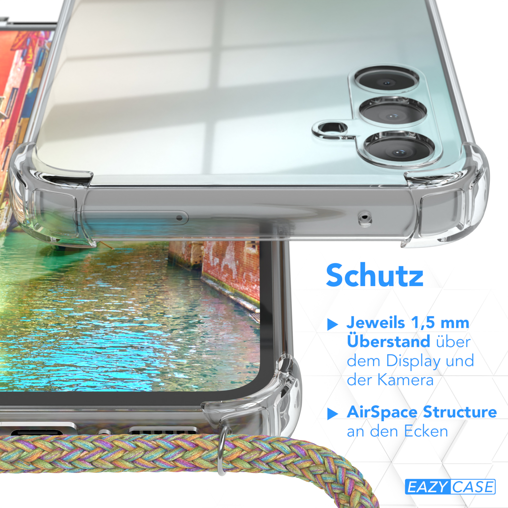 Transparente Handyhülle an einem Telefon, mit einem bunten Seil. Der Hintergrund ist Wasser und ein Gebäude.