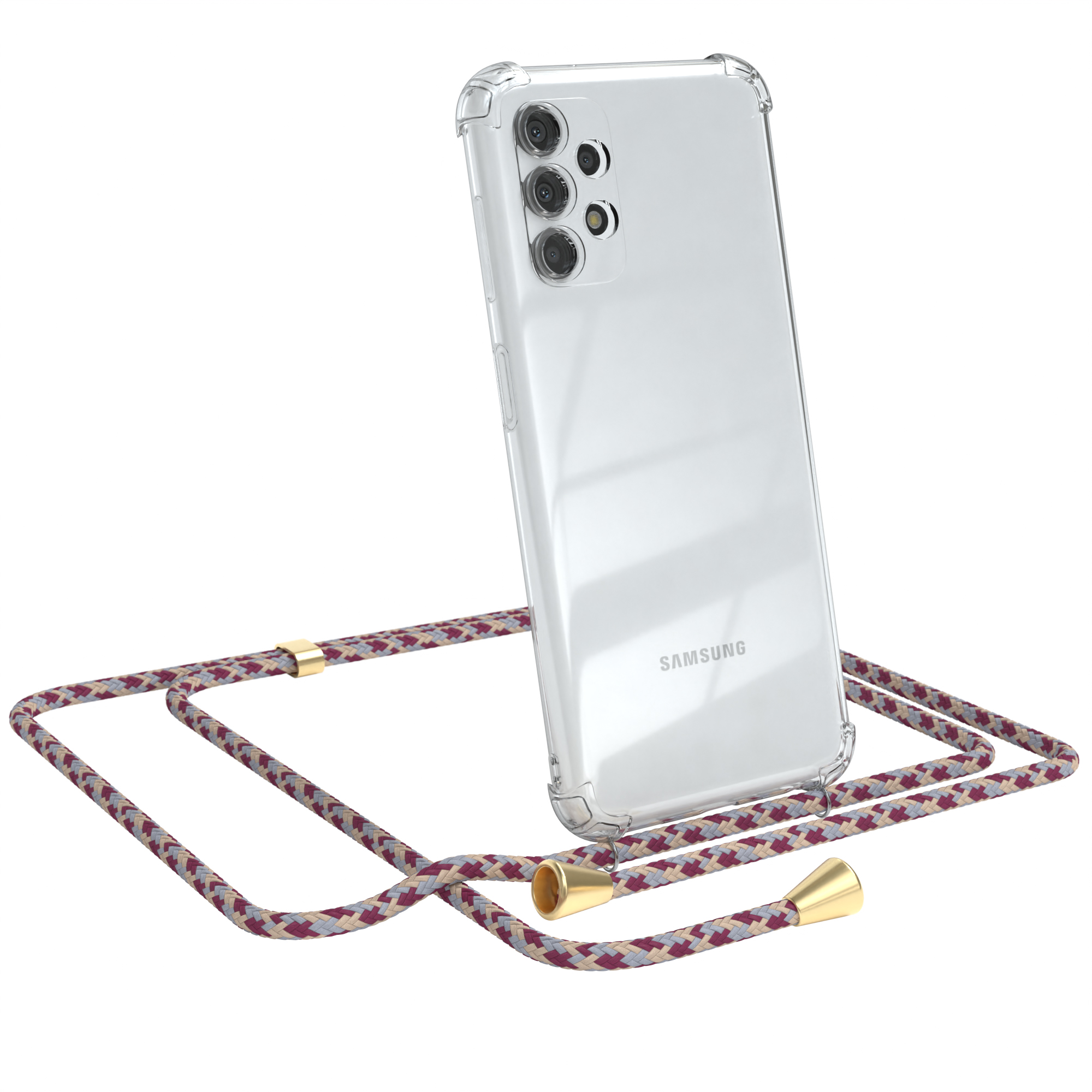 Transparente Handyhülle mit Kordel. Telefon mit mehreren Kameras sichtbar. Weißer Hintergrund.