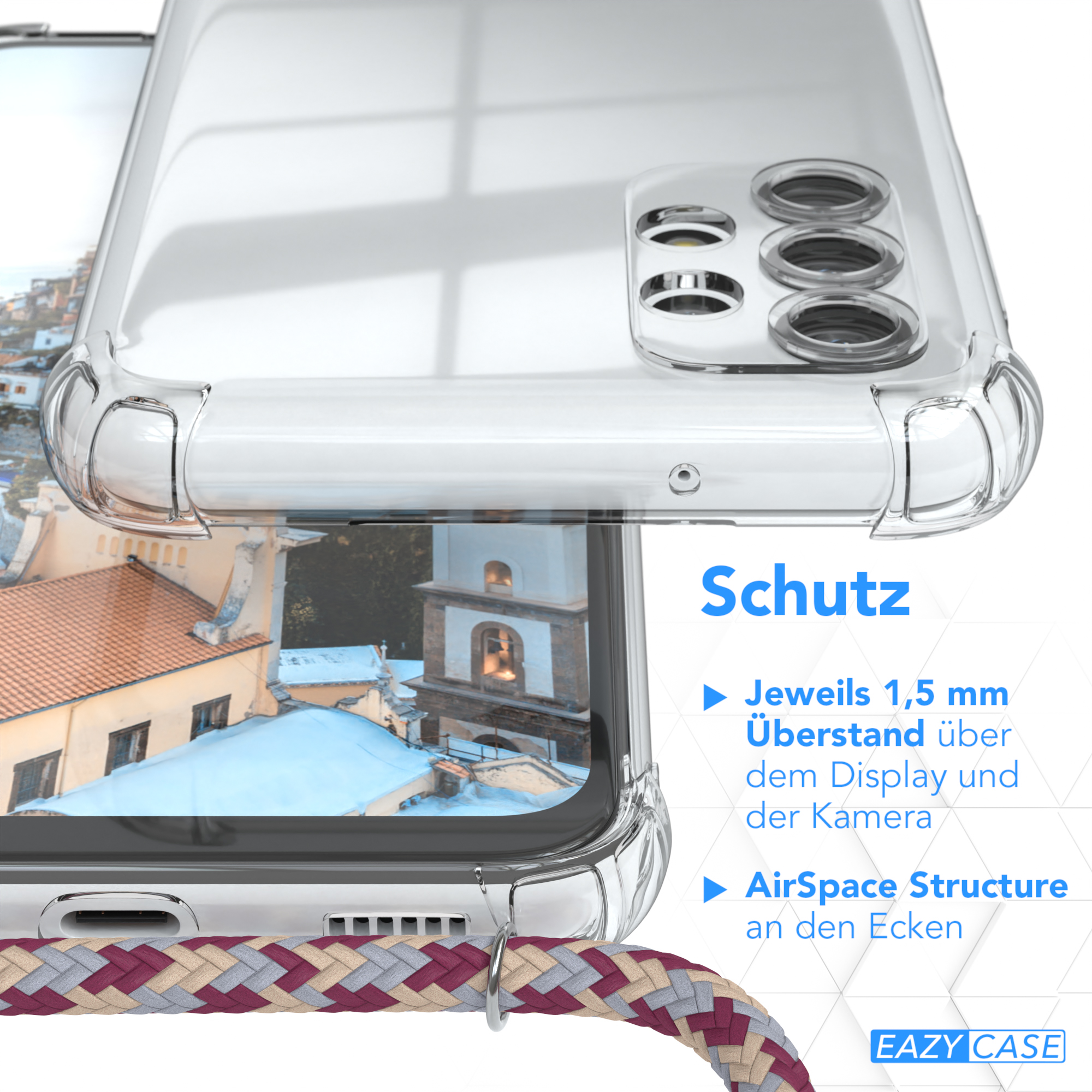 Transparente Handyhülle mit weißem Text. Schutzfunktionen werden erwähnt.