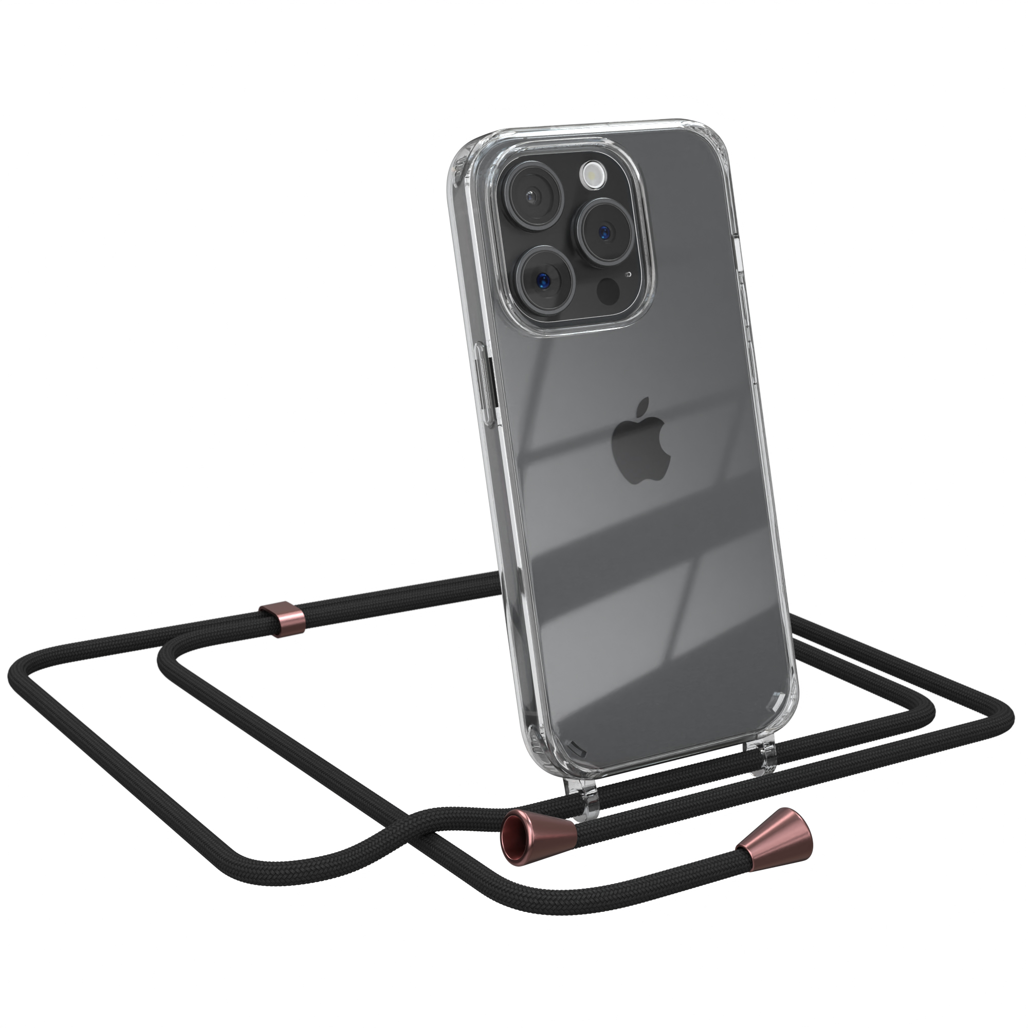 Ein iPhone in einer durchsichtigen Hülle mit schwarzem Umhängeband und roségoldenen Akzenten.