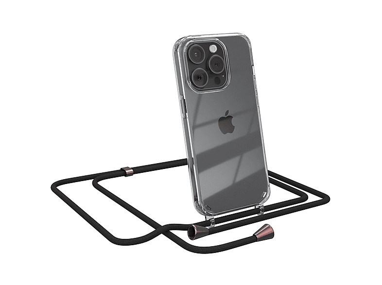 EAZY CASE Clear Cover mit Umhängeband, Umhängetasche, Apple, iPhone 15 Pro, Schwarz / Clips Rosé