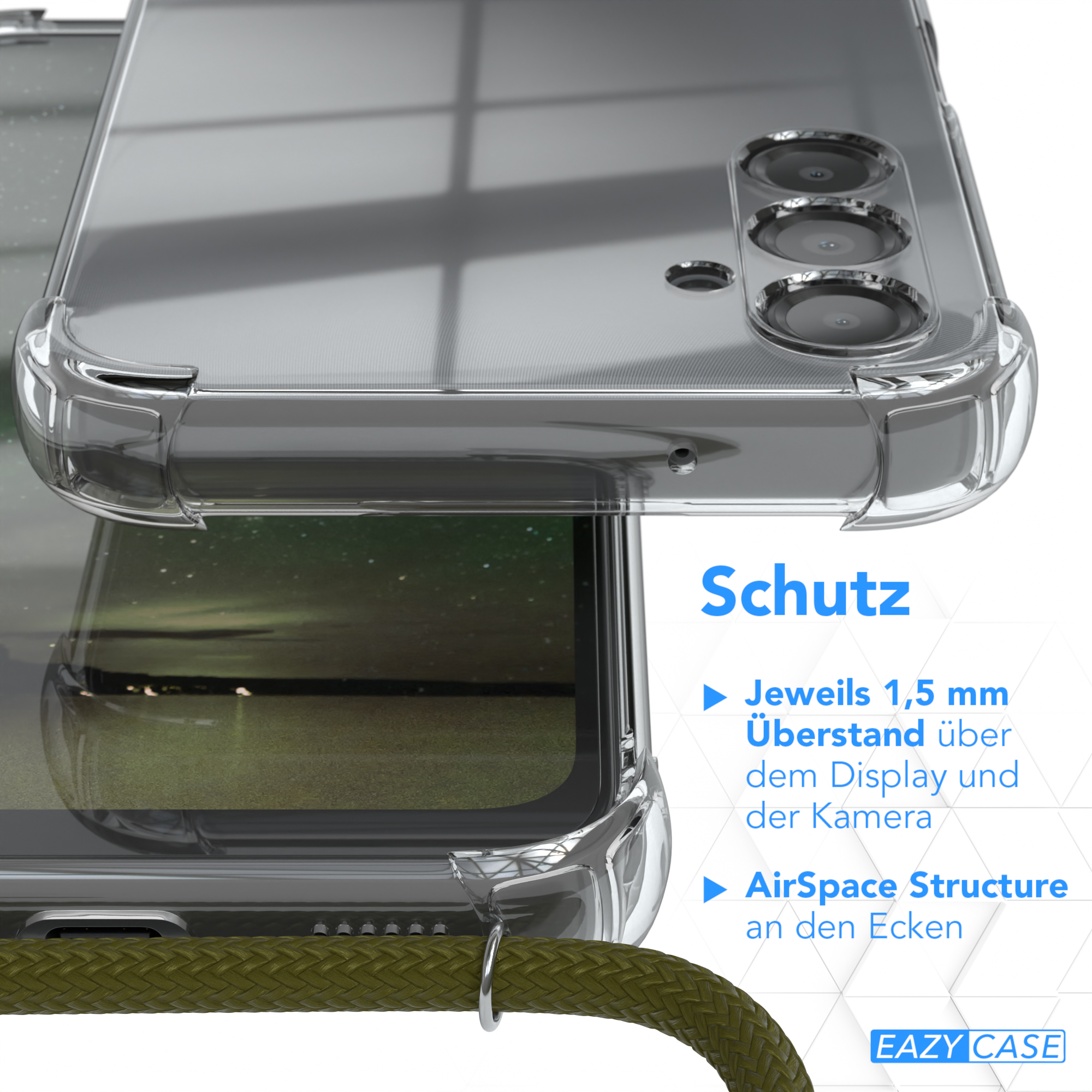 Nahaufnahme einer transparenten Handyhülle. Sie zeigt Eckenschutz und ist haltbar.