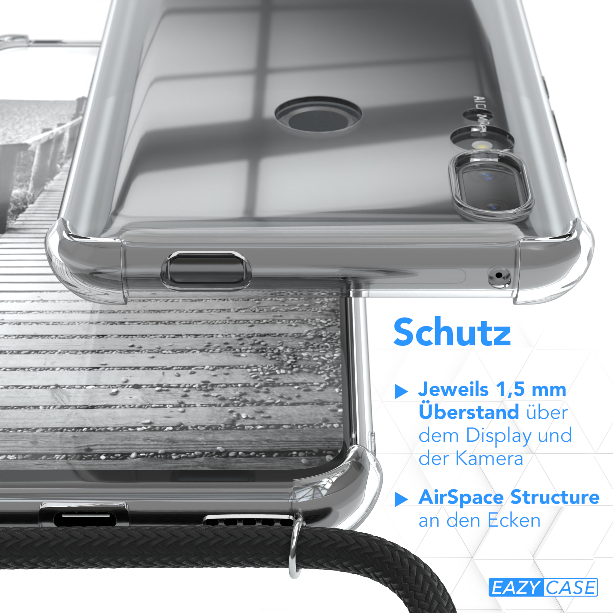 Transparente Handyhülle, die Rückseite und eine Nahaufnahme des Randes zeigt.