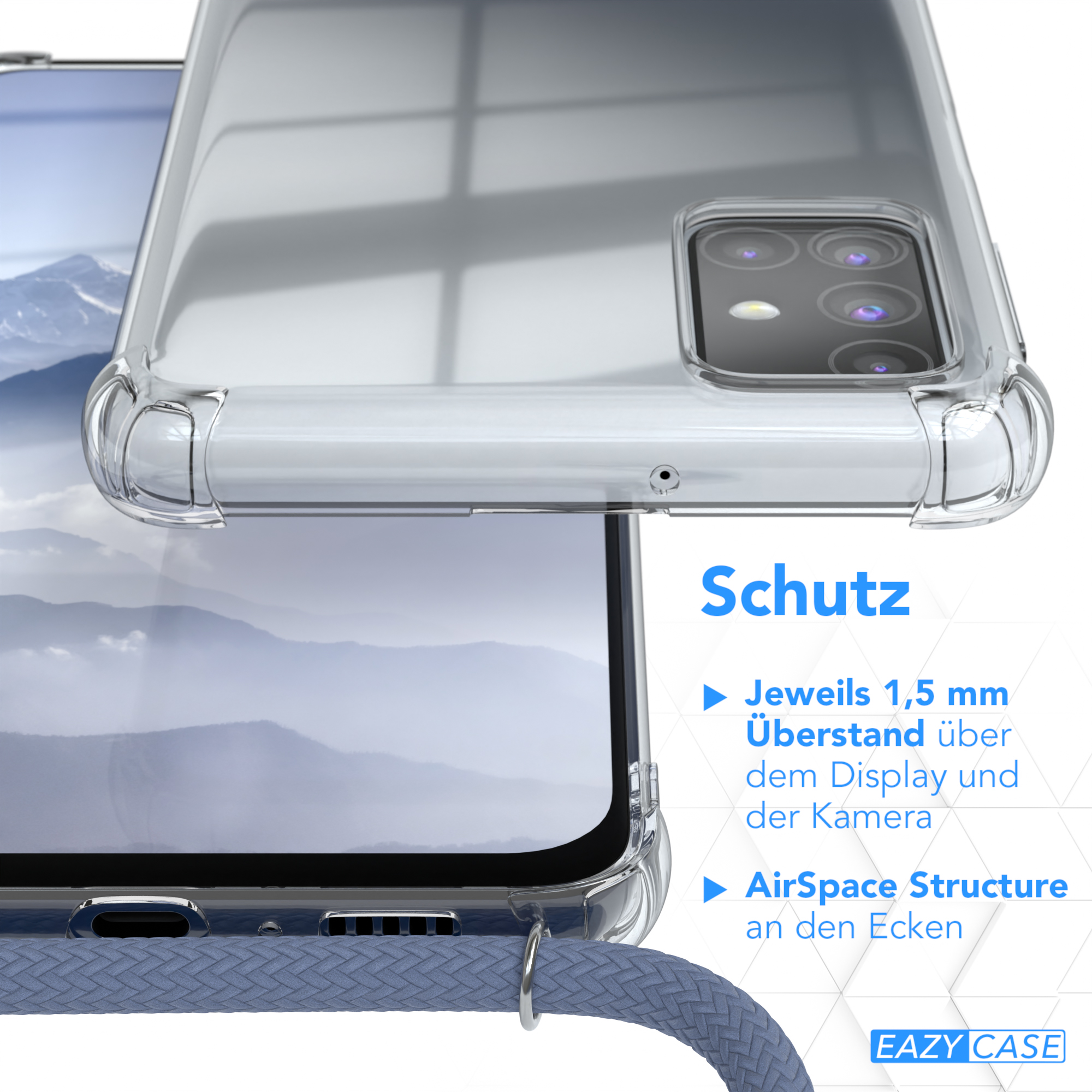 EAZY CASE Clear Cover Samsung, M31s, Umhängetasche, mit Blau Umhängeband, Galaxy