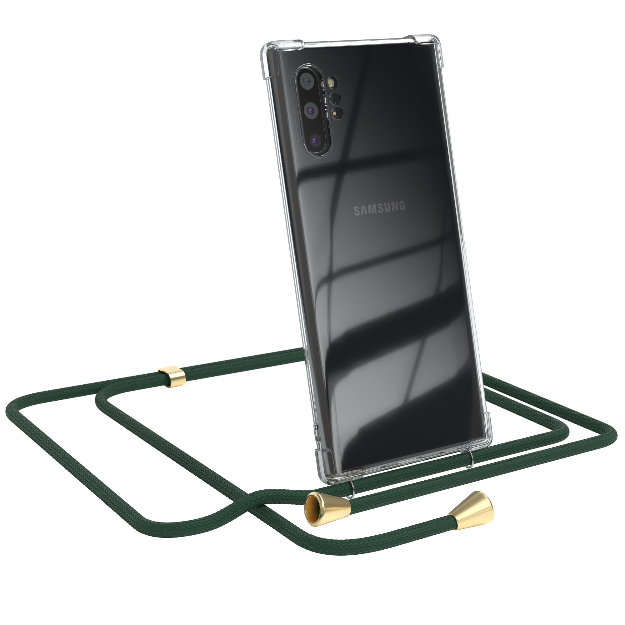 Transparente Handyhülle mit schwarzem Samsung-Handy und dunkelgrünem Handystrap. Strap hat goldfarbene Enden.