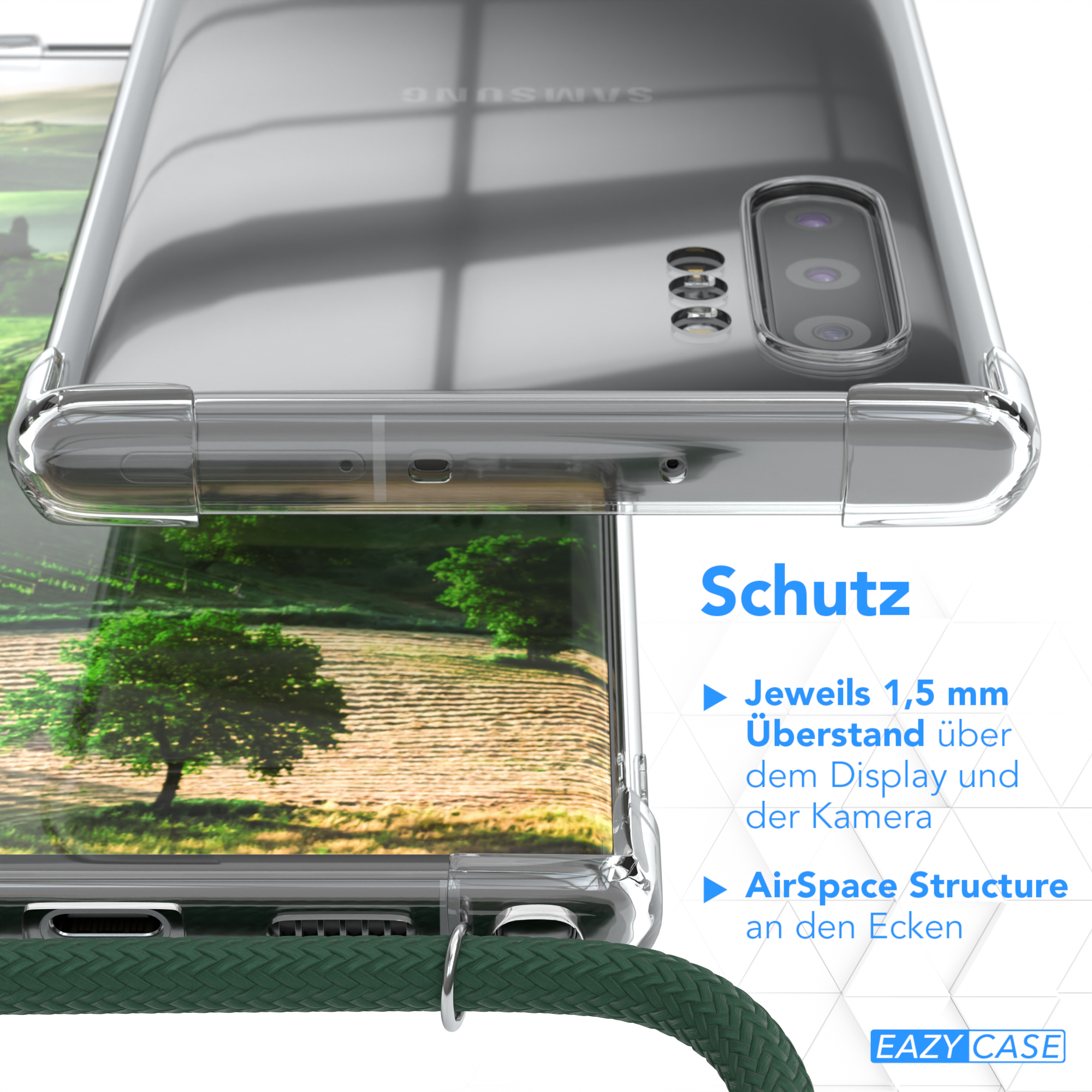 Handyhülle mit einem Telefon darin, die die Schutzmerkmale der Hülle zeigt.