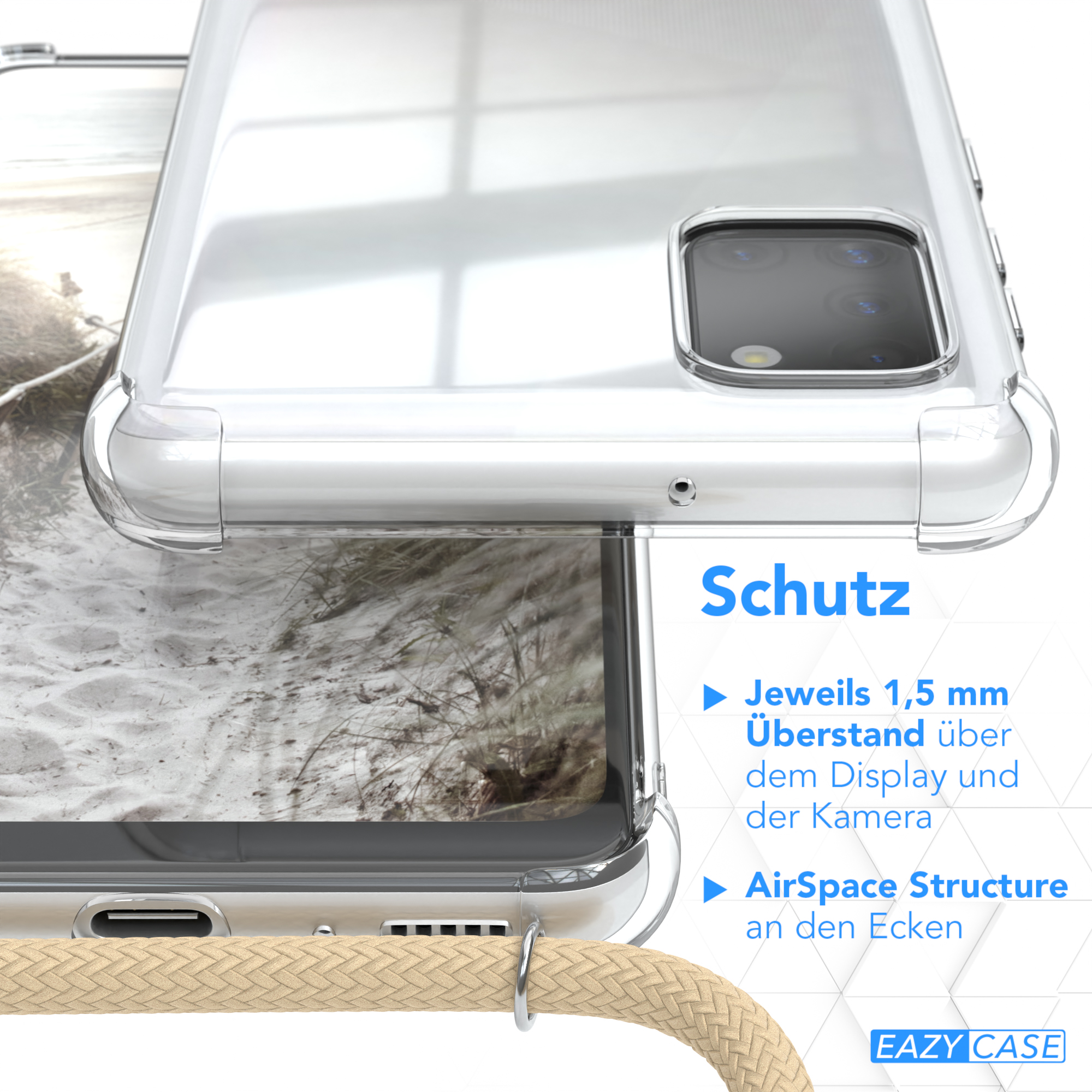 Nahaufnahme einer Handyhülle mit Schutzfunktionen. Der Hintergrund ist ein verschwommenes Strandbild.