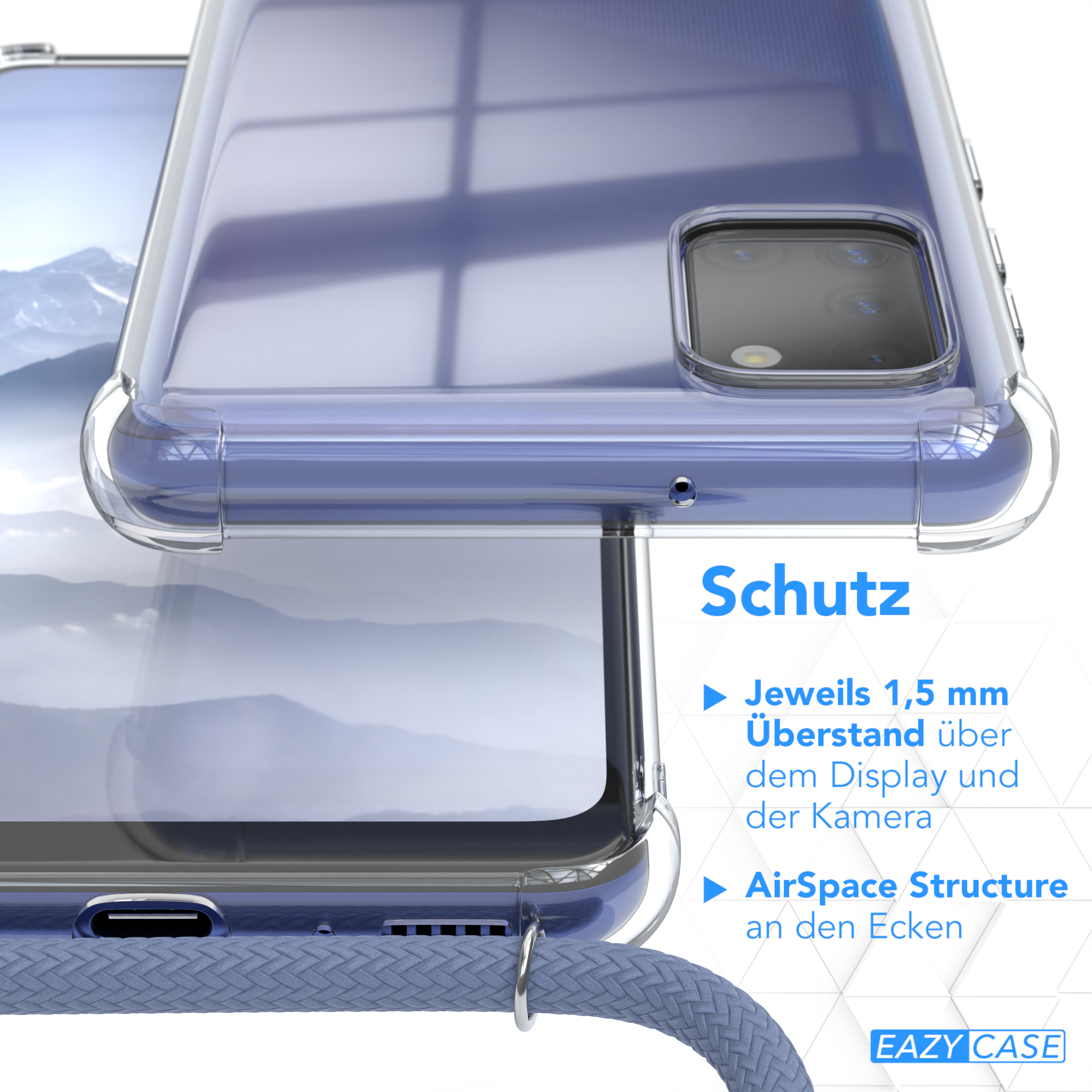 Clear A31, EAZY Samsung, CASE Galaxy Umhängetasche, Cover Blau mit Umhängeband,