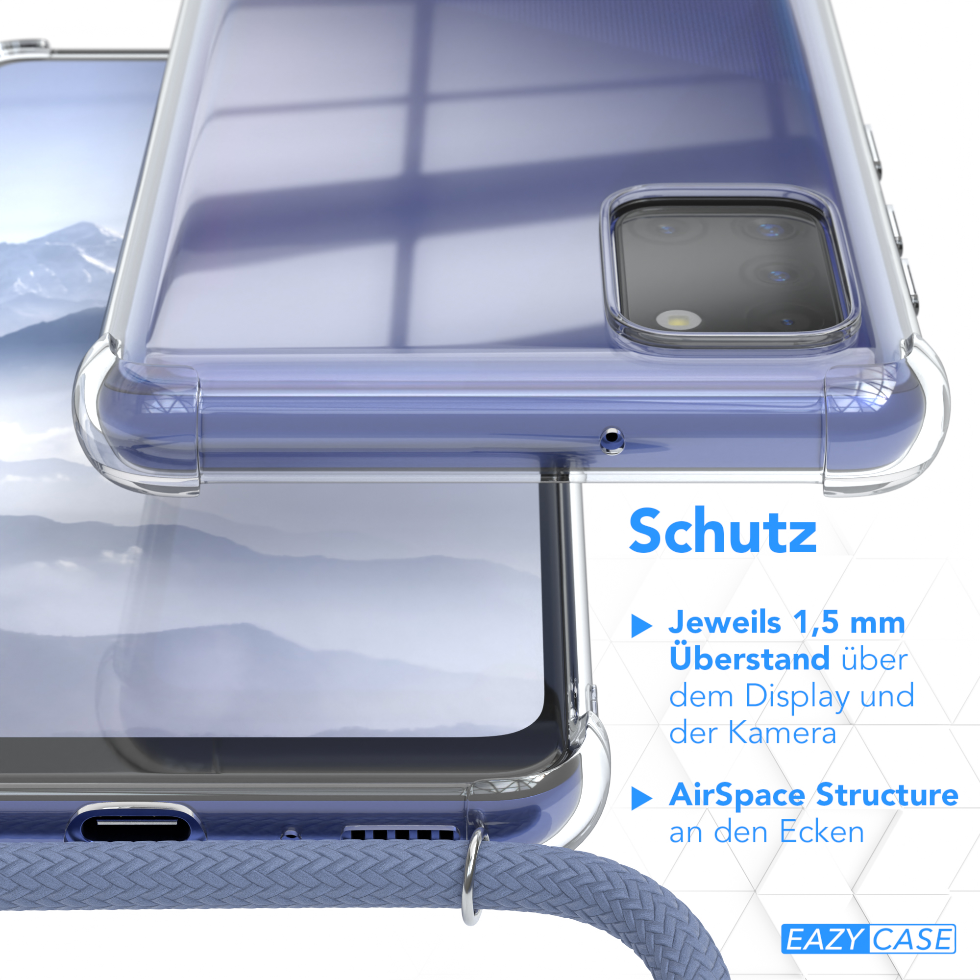 Transparente Handyhülle über einem Telefon. AirSpace-Struktur an der Ecke. Blaues Seil.