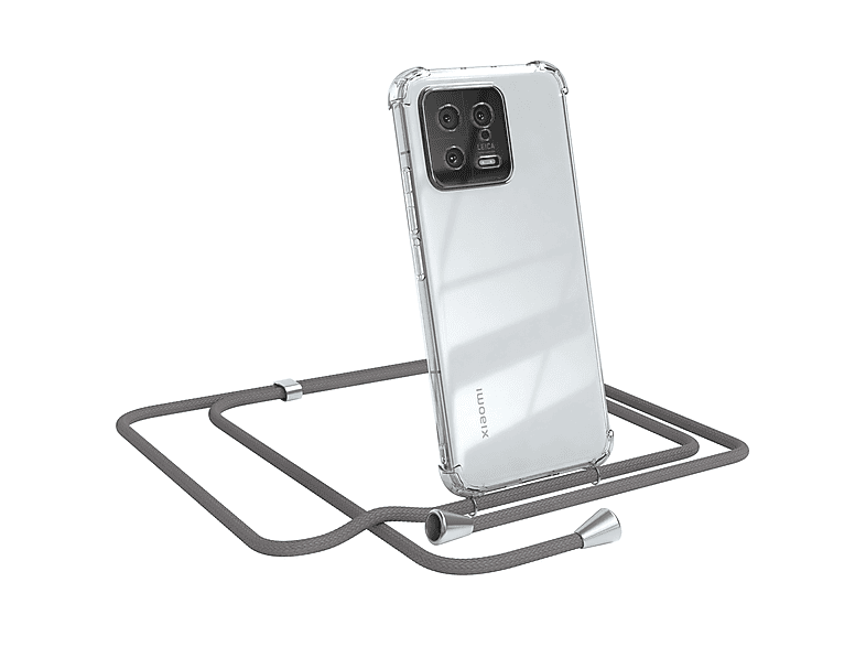 EAZY CASE Clear Cover mit Umhängeband, Umhängetasche, Xiaomi, 13, Grau / Clips Silber