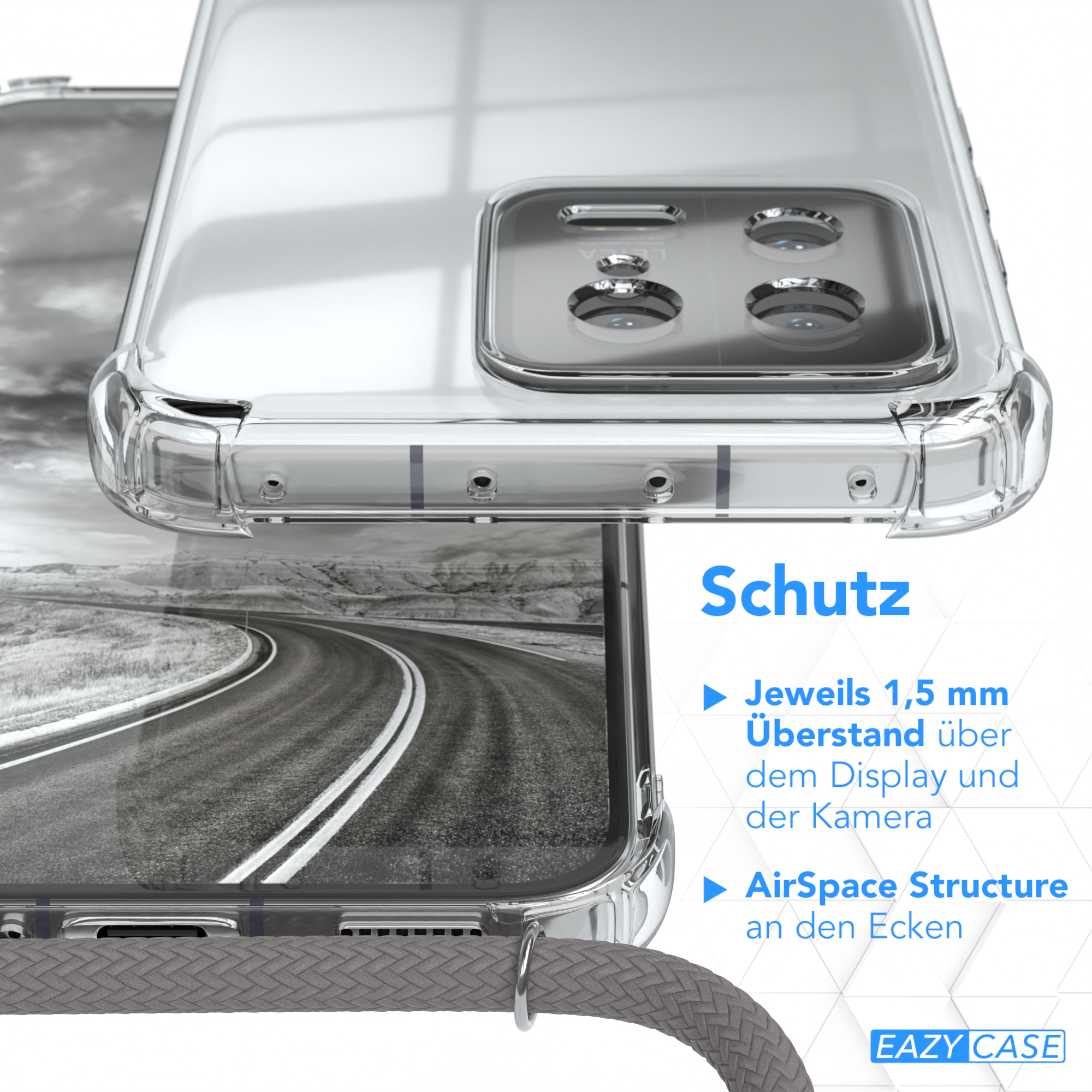 Handyhülle mit Telefon darin. Zeigt Schutz: 1,5 mm über Display/Kamera, AirSpace Structure.