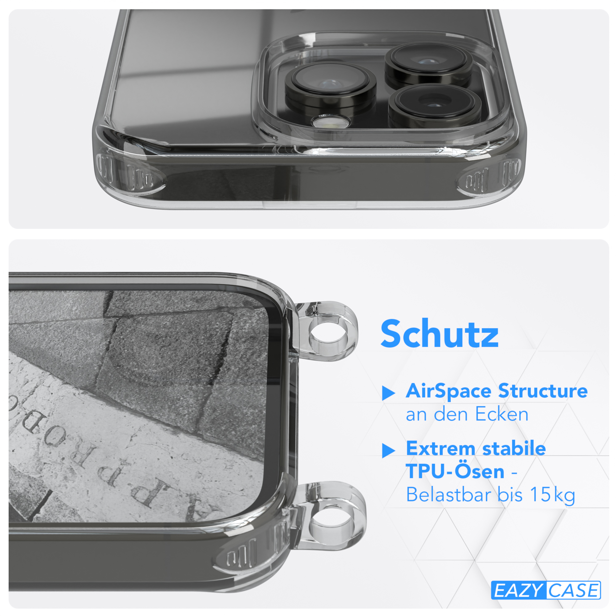 EAZY CASE Clear Cover mit Umhängetasche, 14 Pro, Anthrazit Apple, Umhängeband, iPhone