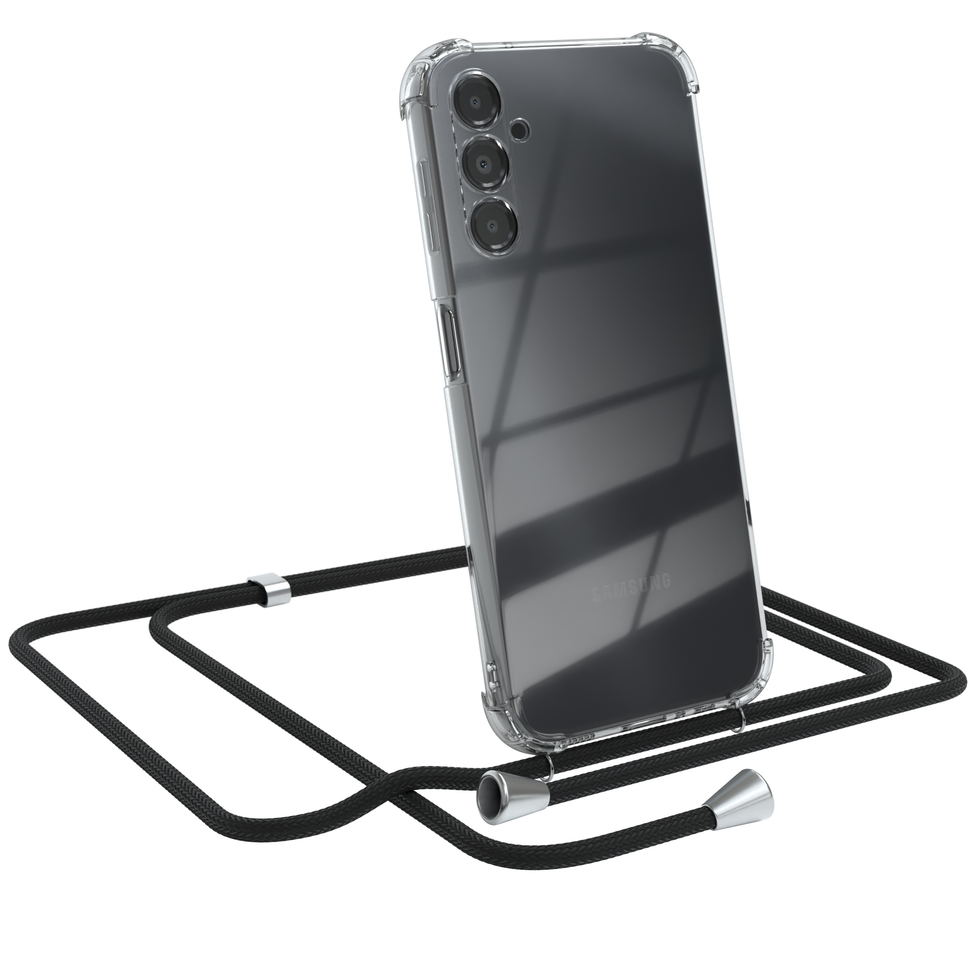 Transparente Handyhülle mit schwarzem Umhängeband. Samsung-Logo sichtbar. Weißer Hintergrund.