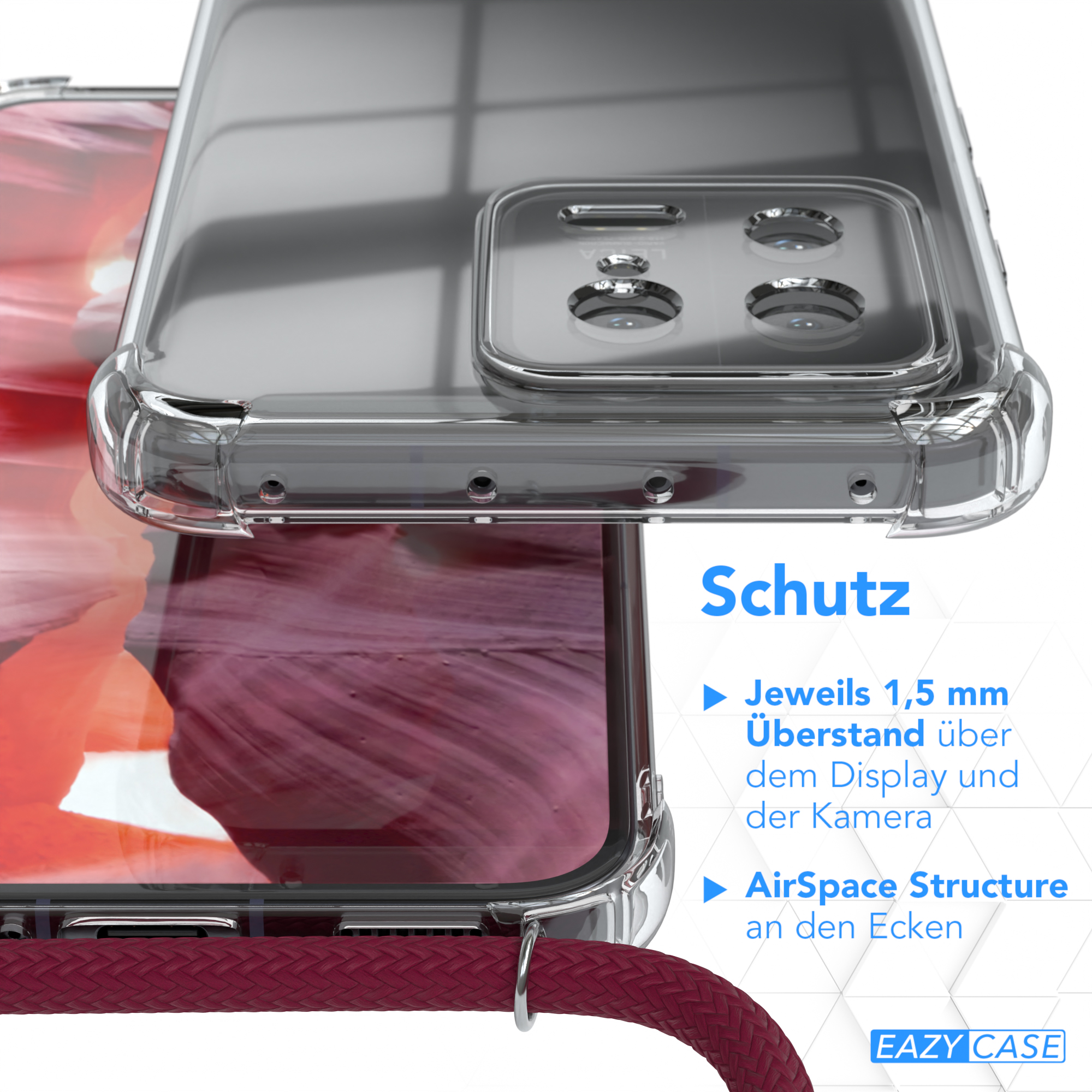 Transparente Handyhülle mit roter Kordel, Schutz und Design.