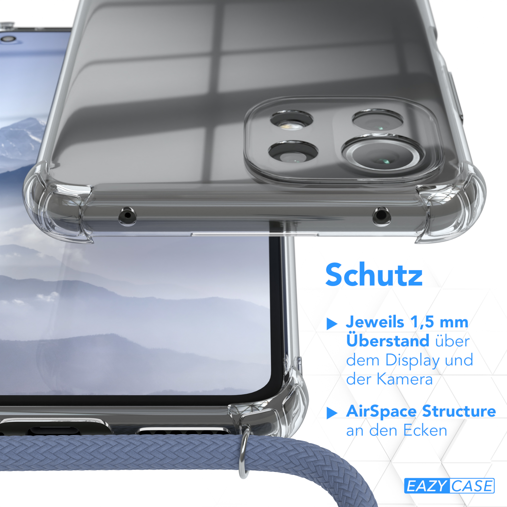 Eine transparente Handyhülle, Nahaufnahme. Text über Schutz und eine Kabelschlaufe.
