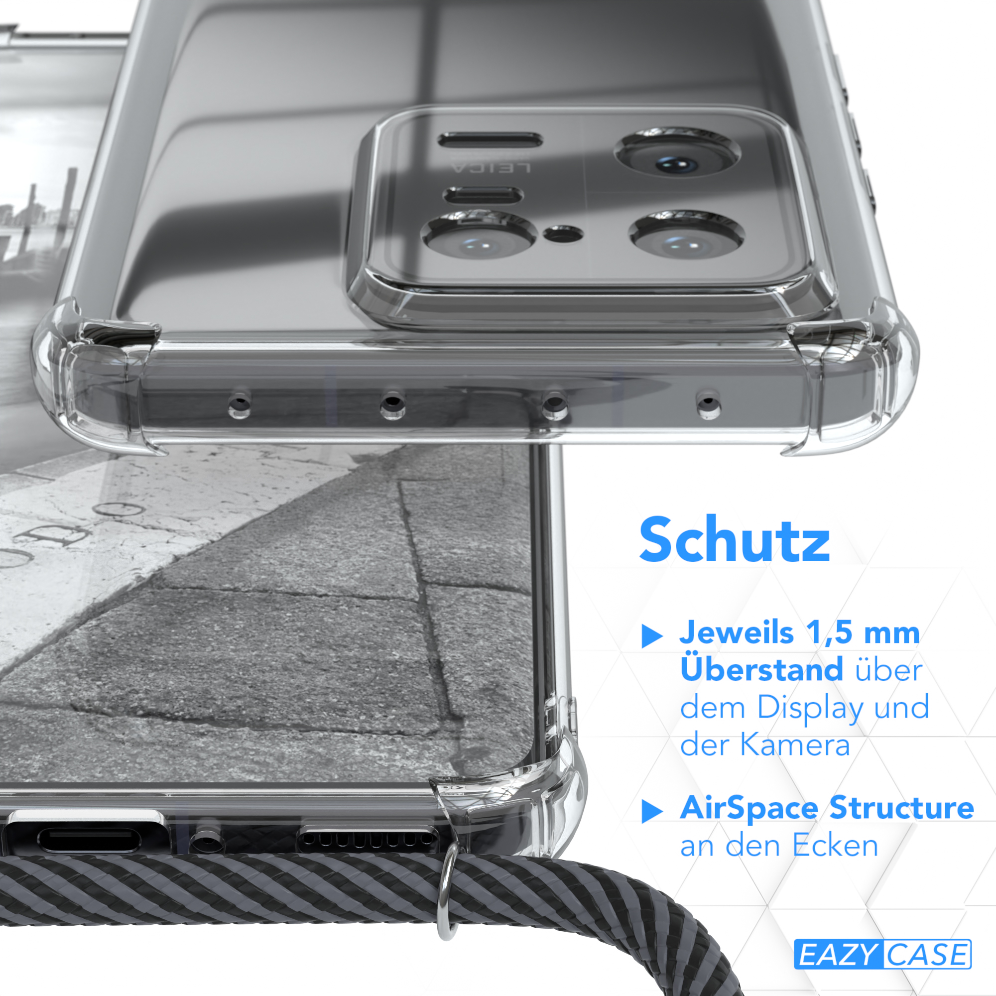 Handyhülle, die das Telefon zeigt. Nahaufnahme der Hülle. Grauer Tisch. Weißer Hintergrund.