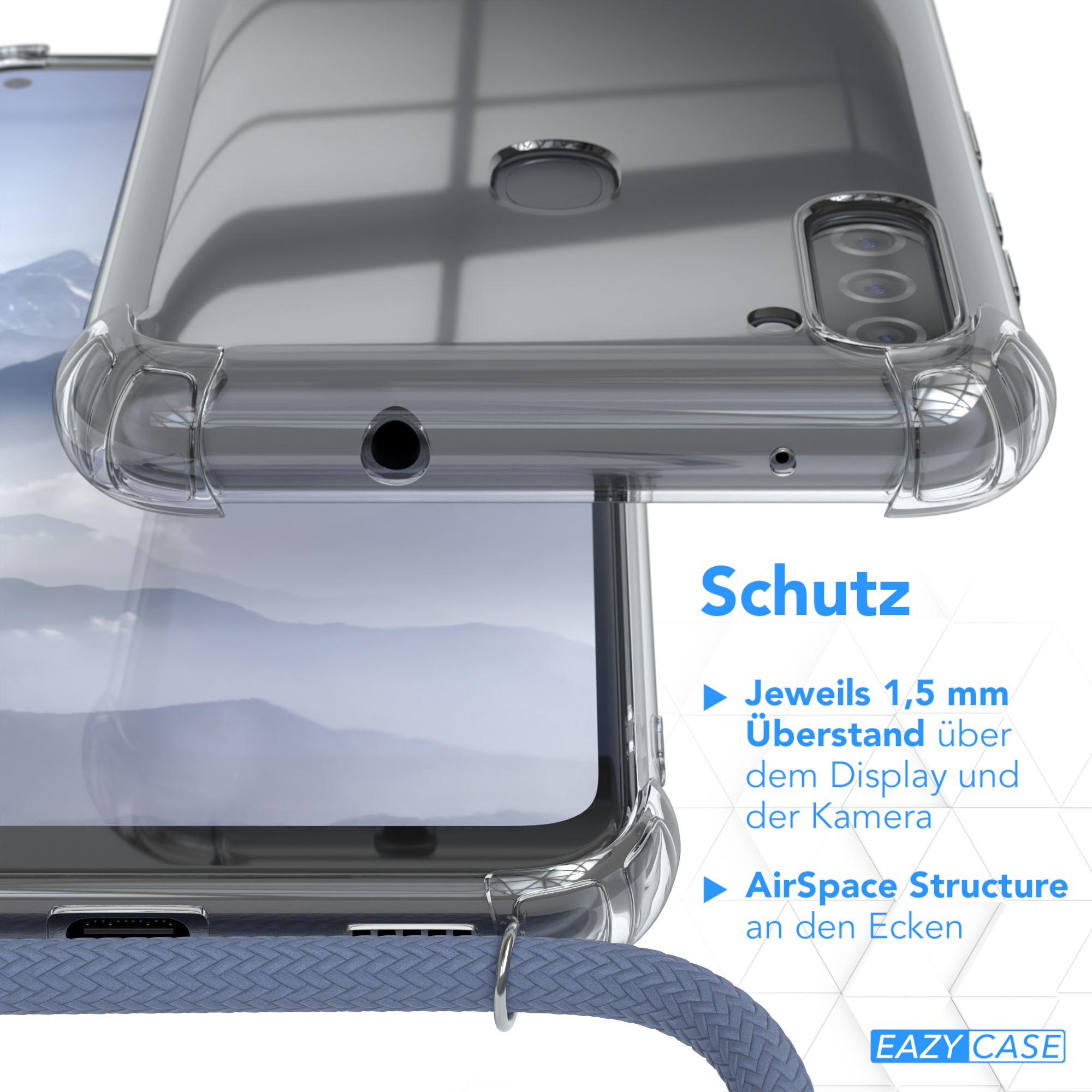 Nahaufnahme einer transparenten Handyhülle. Sie zeigt Eckenschutz und ist haltbar.