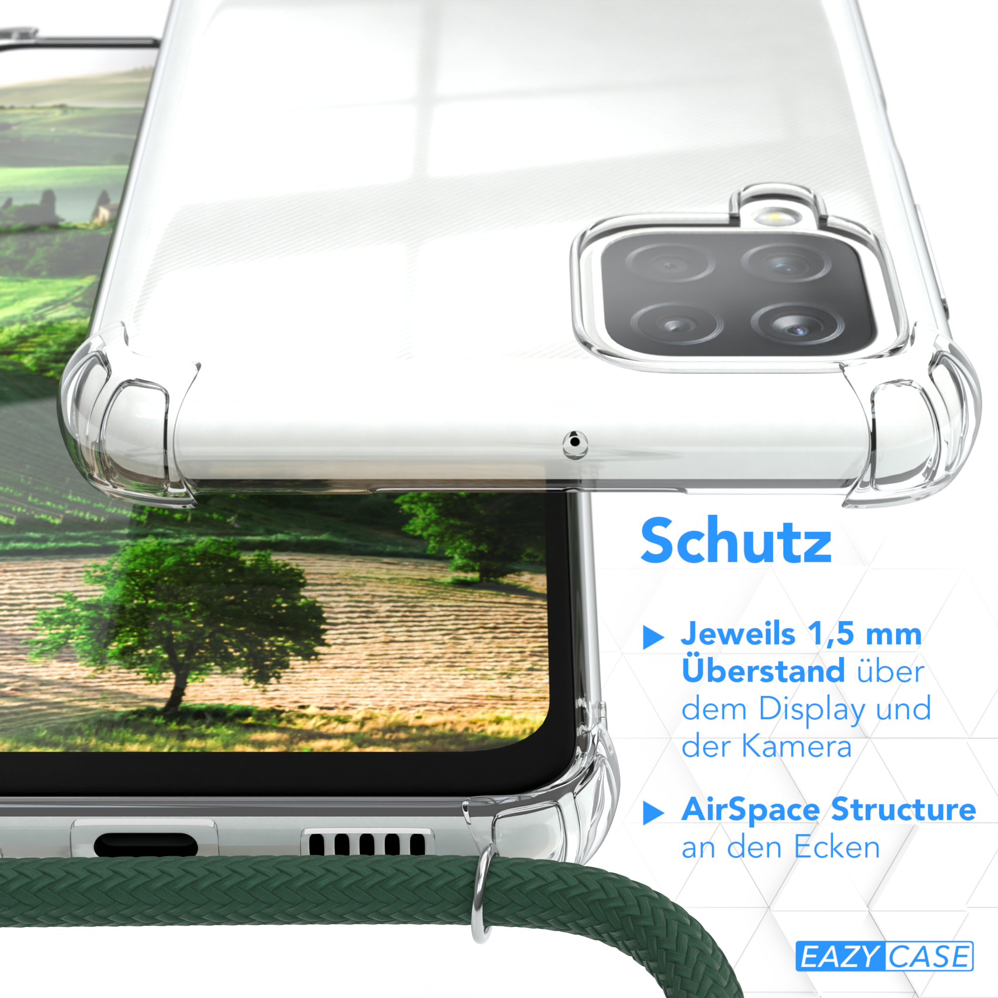 Eine transparente Handyhülle. Die Hülle befindet sich über einem Telefon, mit verschwommenem Hintergrund. Text beschreibt Schutz.