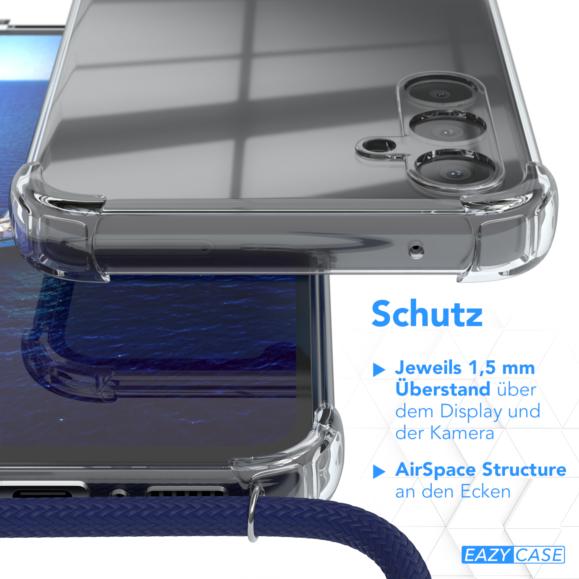 Nahaufnahme Handyhülle, transparent mit Text, blauer Riemen.