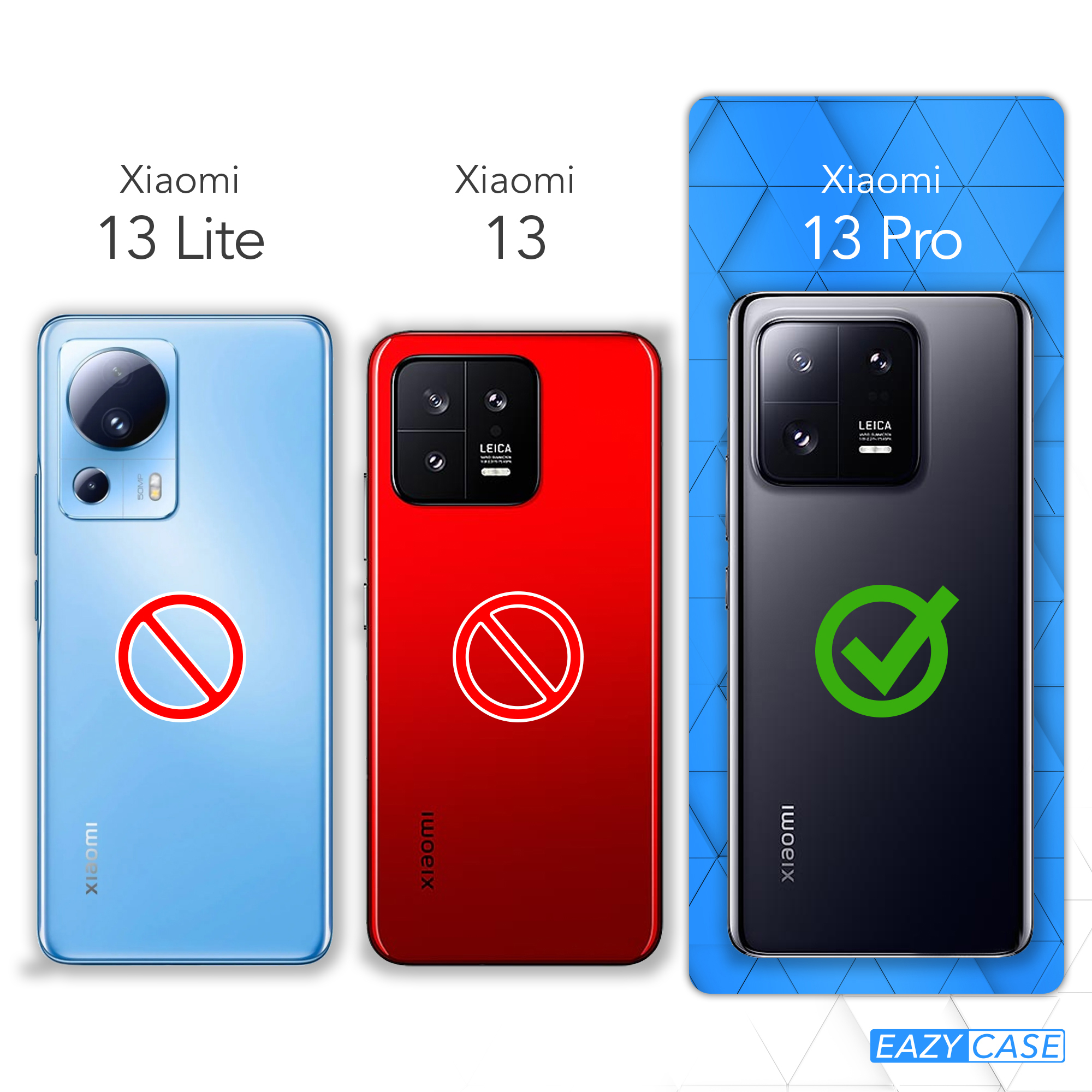 Drei Telefone mit Hüllen. Blaues Xiaomi 13 Lite mit rotem Durchfahrt verboten Zeichen. Rotes Xiaomi 13, gleiches Zeichen. Schwarzes Xiaomi 13 Pro, grüner Haken.