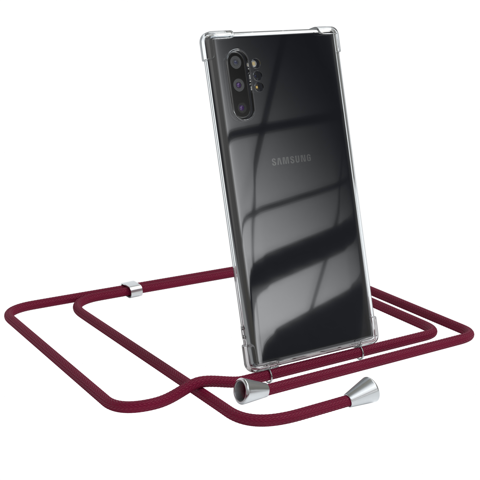 Transparente Handyhülle mit weinrotem Band. Samsung-Handy sichtbar. Weißer Hintergrund.