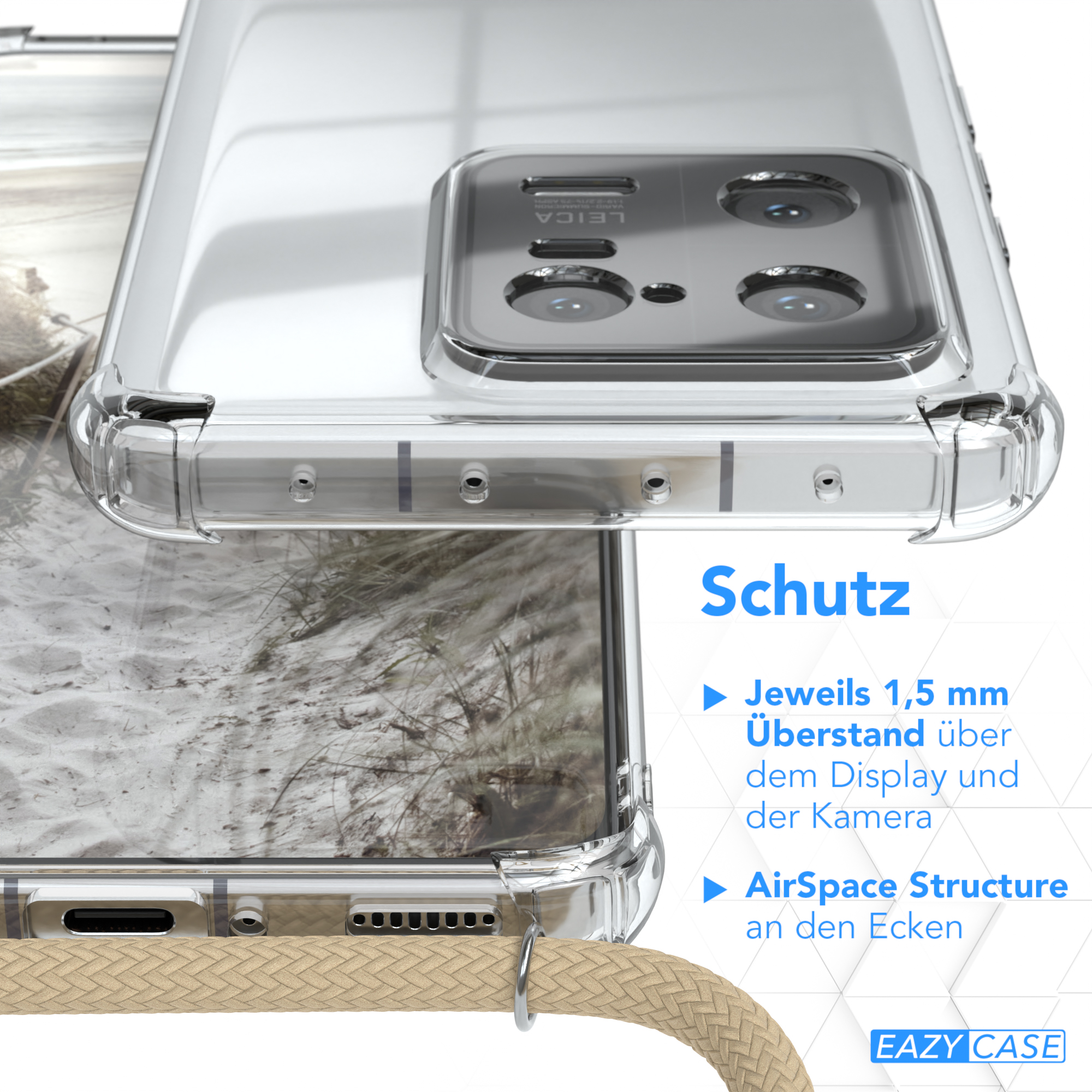 Transparente Handyhülle auf Sandhintergrund. Textdetails 'Schutz'.