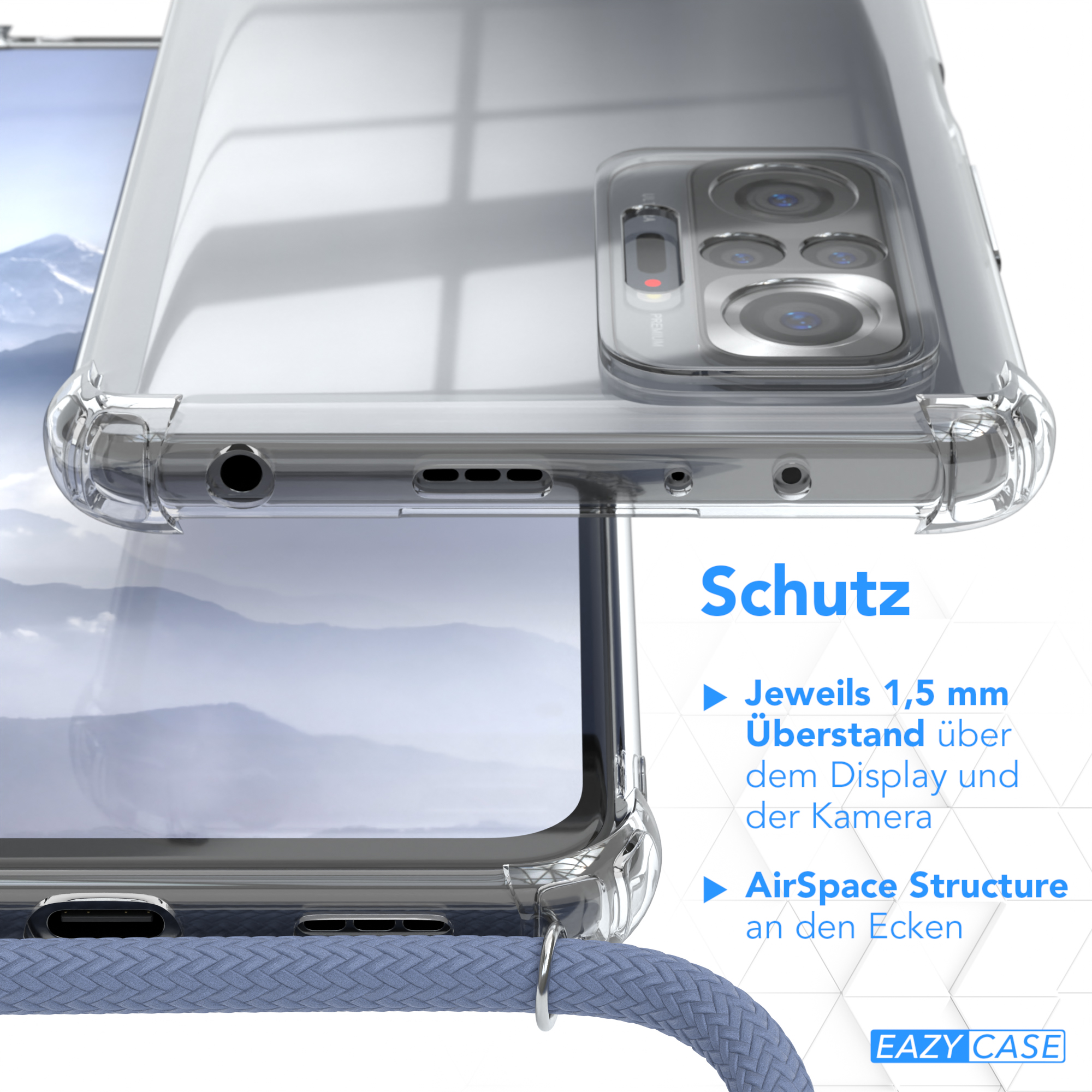 Transparente Handyhülle, Kamera und Ecken zeigend. Schutzdesign mit deutschem Text.