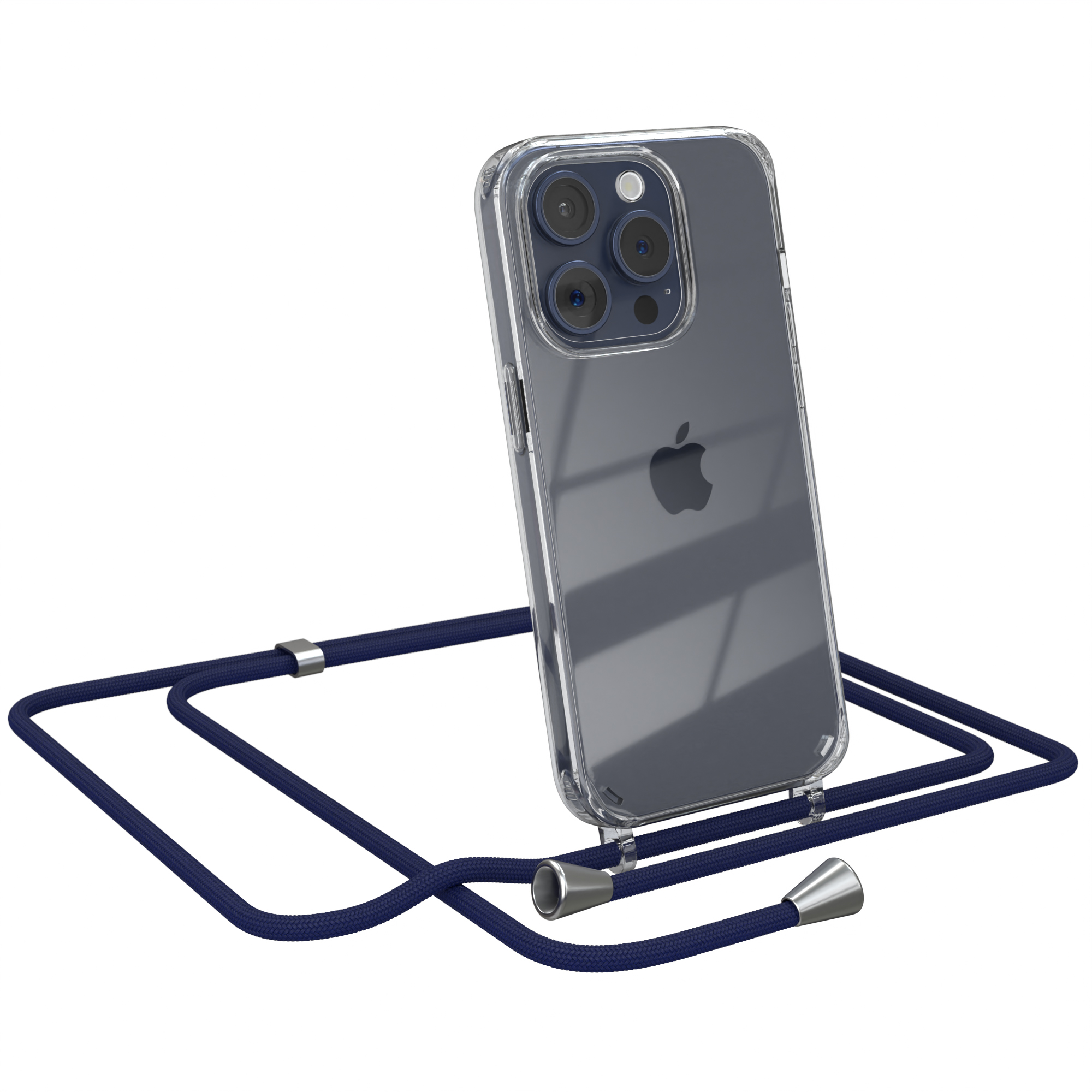 Transparente Handyhülle mit einem blauen Lanyard.