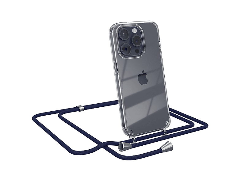 EAZY CASE Clear mit iPhone Umhängeband, Blau Clips 15 Apple, Umhängetasche, / Cover Silber Pro