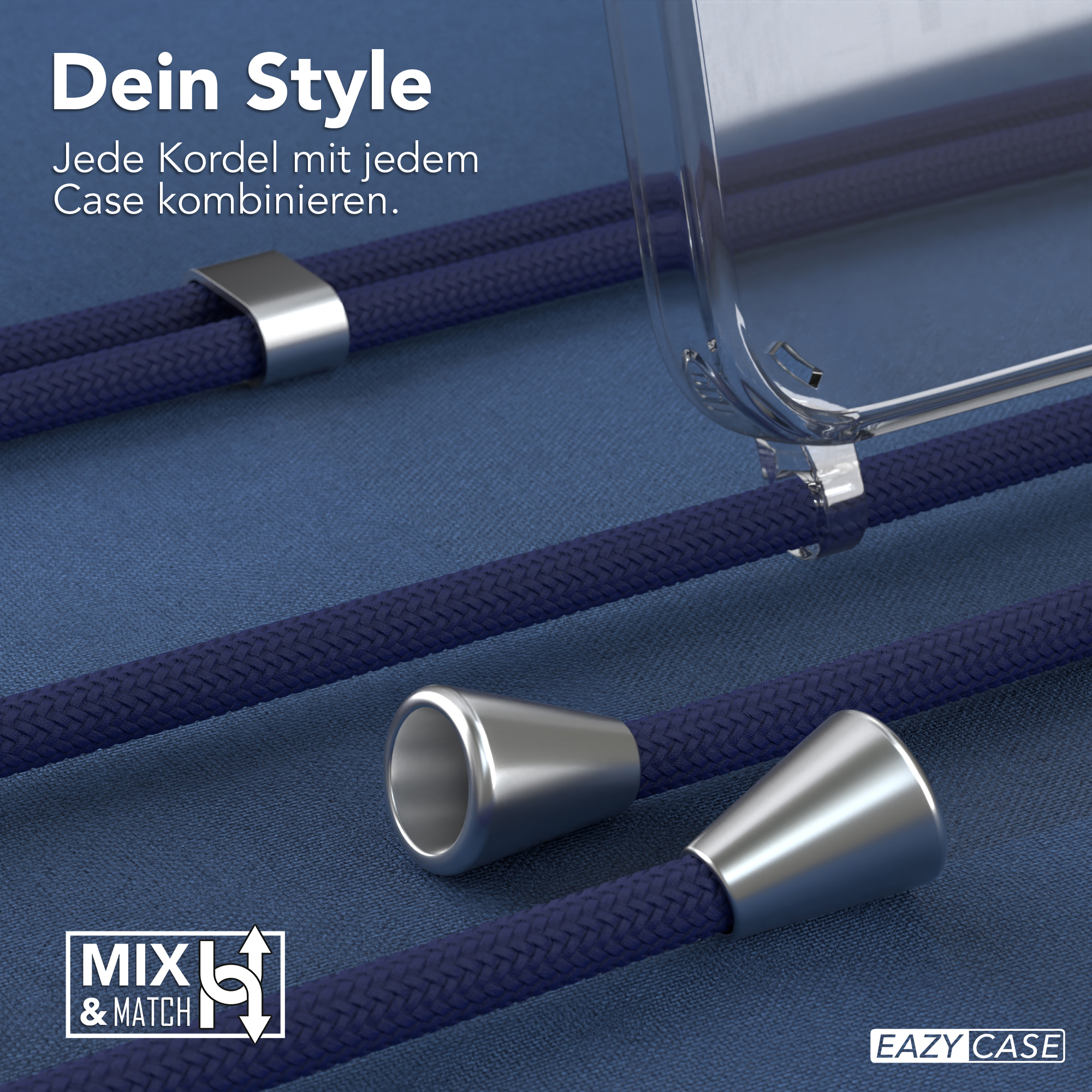 Eine Handyhülle mit blauem Kordel und silbernen Metallakzenten mit dem Text 'Dein Style' und 'MIX & MATCH'.