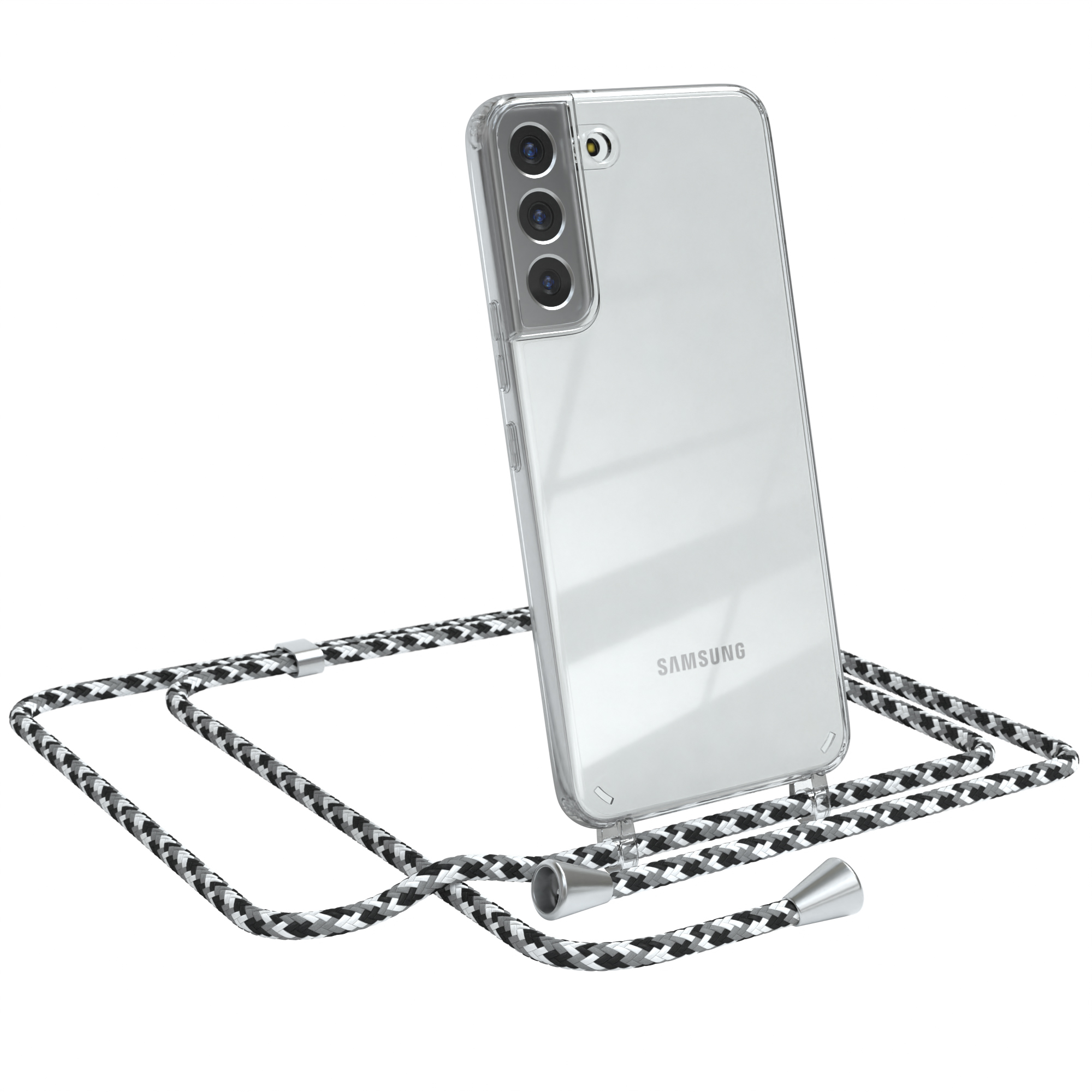Eine Handyhülle mit schwarz-weißem Seil, silbernen Akzenten und einem Samsung-Handy.