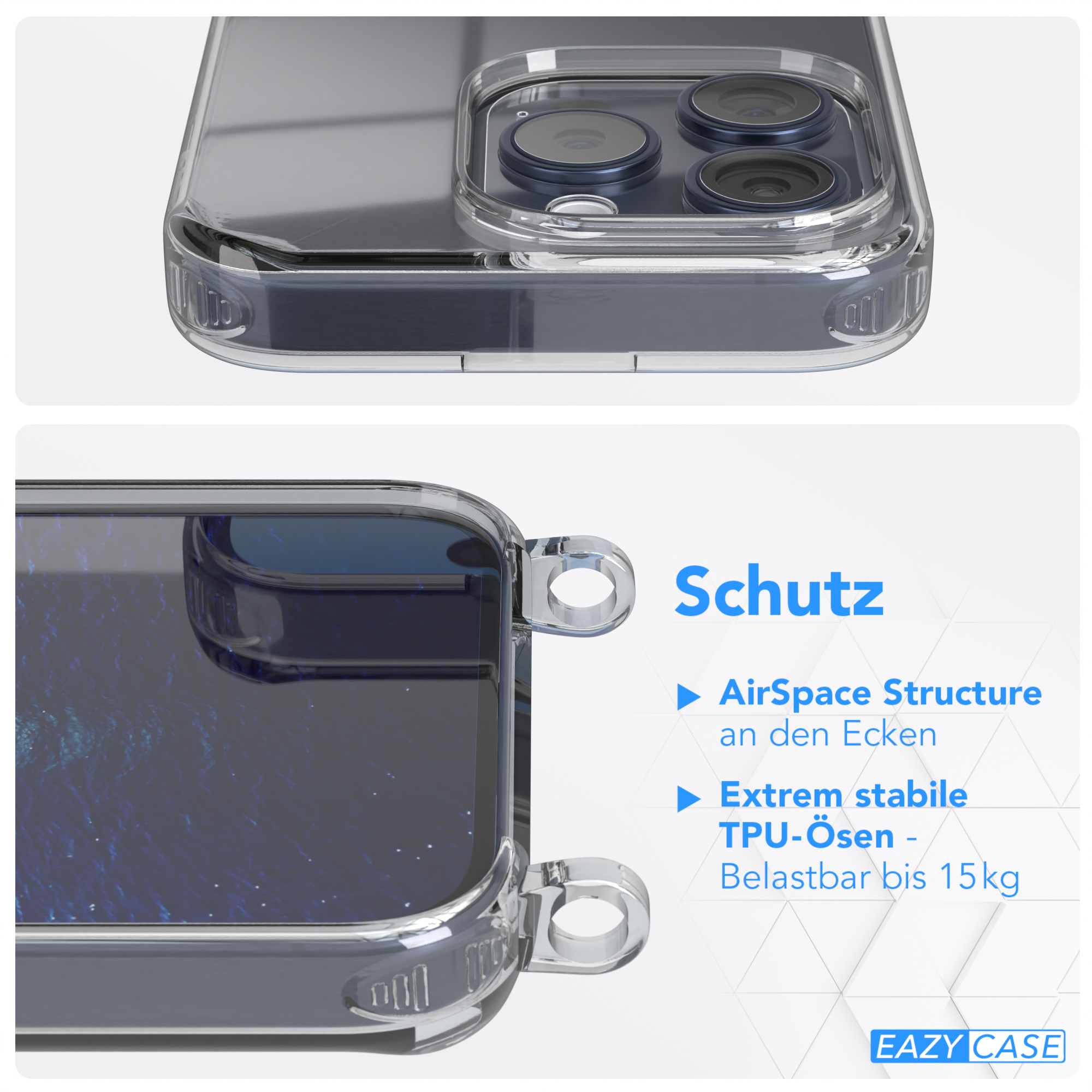 Nahaufnahme einer Handyhülle mit klarer Sicht auf das Telefon. Text: AirSpace-Struktur, TPU-Ösen bis 15 kg.