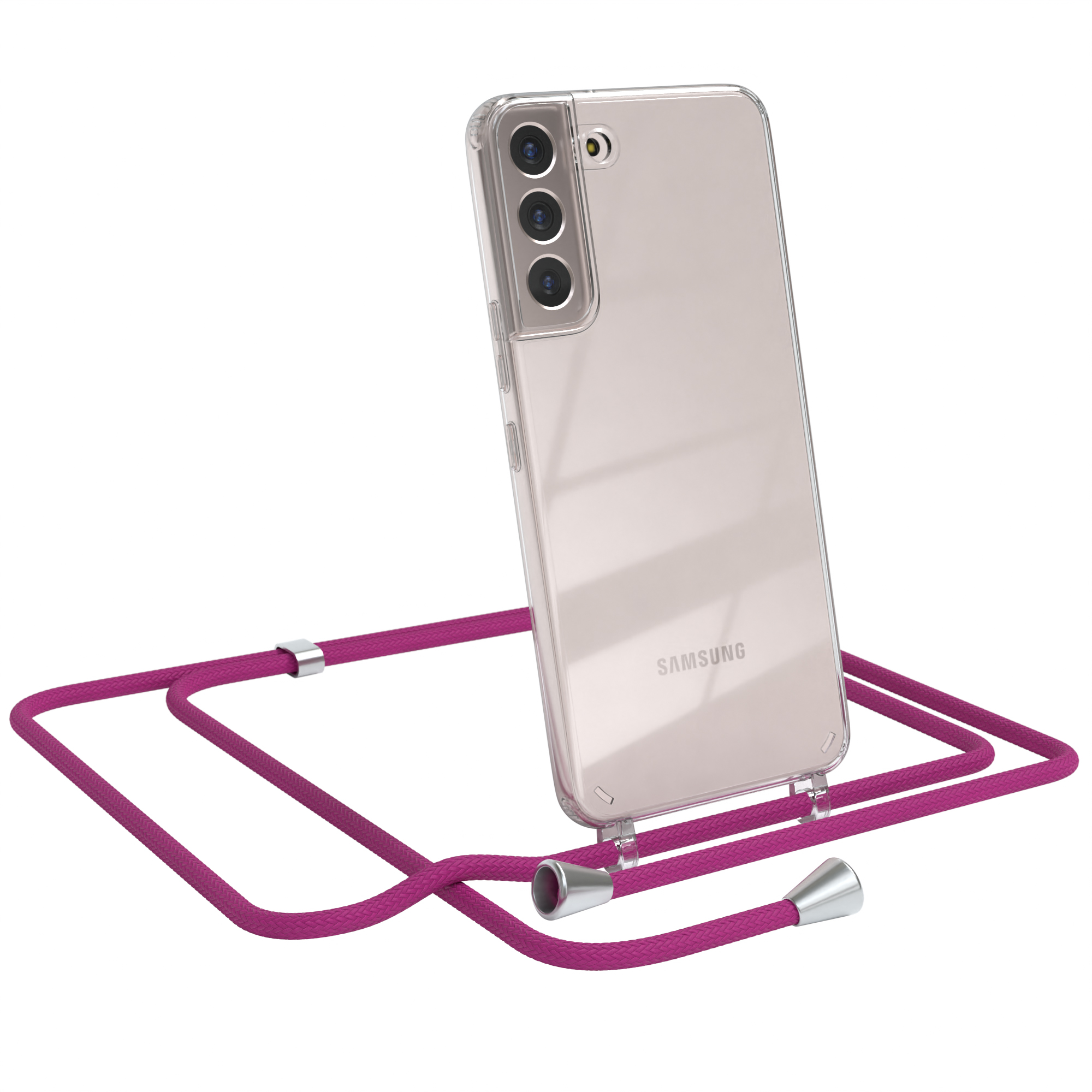 Schwarzes Telefon in einer transparenten Hülle mit einem violetten Riemen. Das Telefon lehnt sich an.